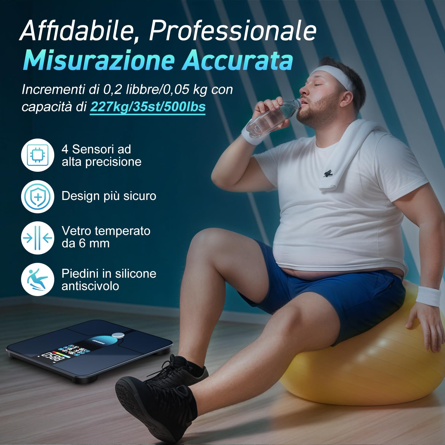 Bilancia Intelligente INSMART Per Il Peso Corporeo, Bilancia Per Grasso Corporeo Con Ampio Display, Bilancia Da Bagno Bluetooth Ad Alta Precisione Da 227 Kg/500 Libbre 30x30 Cm, Può Misurare 18 Dati