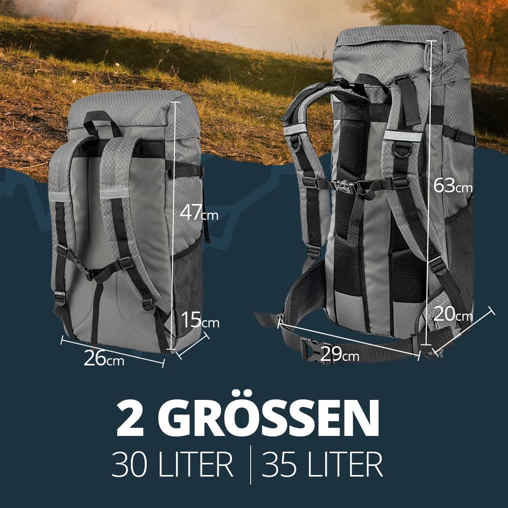 Kirkjubøur® Zaino da trekking da 30 l e 35 l, imbottito, capacità flessibile e materiale esterno impermeabile