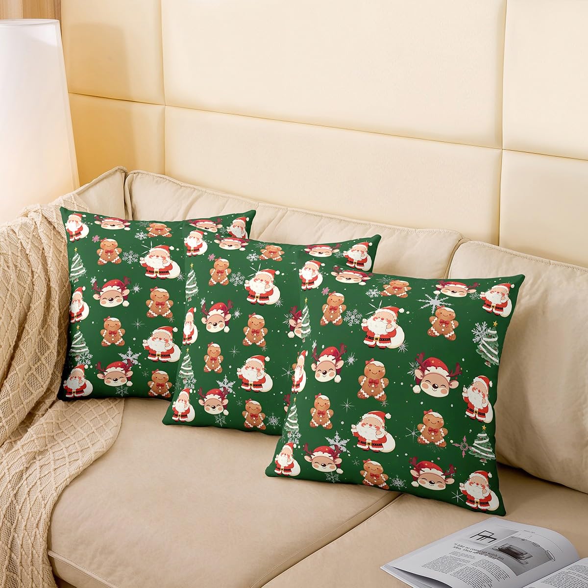 Homewish Juego de 4 fundas de almohada navideñas de 20 x 20 pulgadas, diseño de árbol de Navidad, diseño de ciervo de Papá Noel, fundas de almohada suaves para niños y niños, fundas de almohada