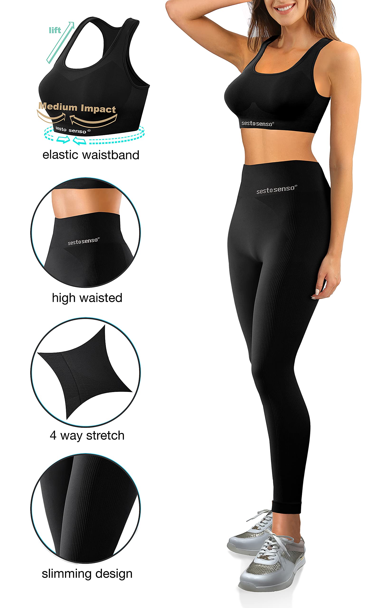 sesto senso Completo Sportivo Donna Vita Alta Reggiseno Crop Top Leggings Elasticizzati Fitness Yoga Palestra