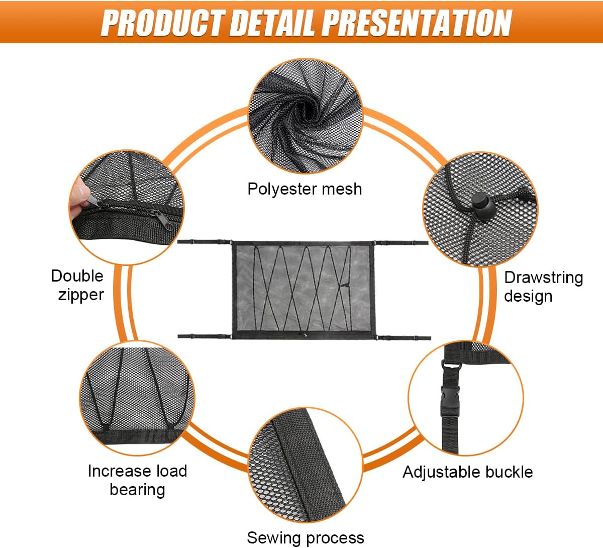 35.4"×25.6" Car Ceiling Cargo Net - Adjustable Buckle Car Roof Mesh Storage Organizer- Double Layer Roof Cargo Pocket Auto Roof Cargo Storage Net for Car SUV Camping Road Trip Essentials (35.4"×25.6")