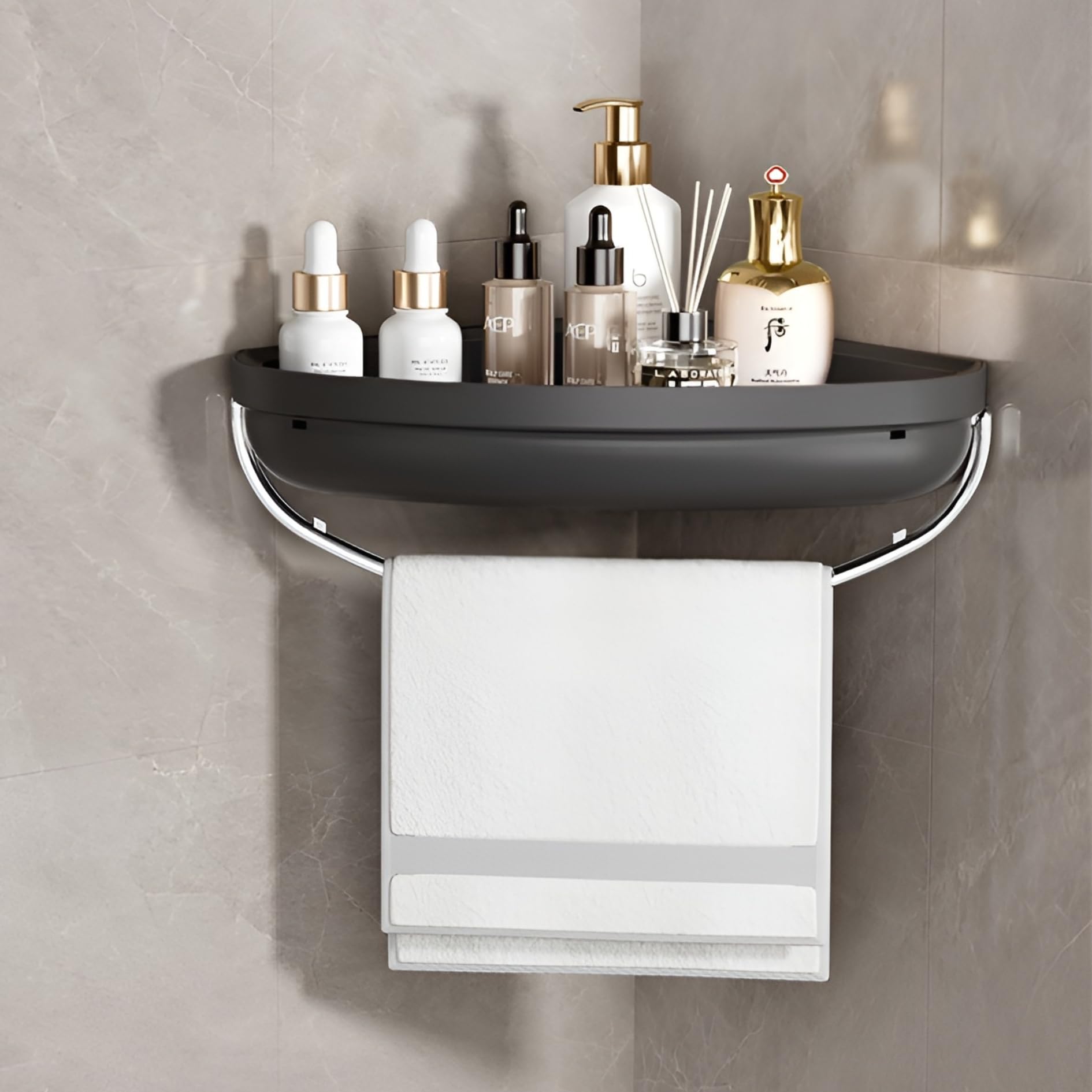 HoopVool Bathroom Shelf Organizer,Self Adhesive No Drill Shower Shelf Easy installation, Wall Mounted Shelf, with Towel Napkin Holder with Hook,Used for Bathroom and Kitchen (Corner, Black) (B0CW625DMT) Amazon Price History, Amazon Price Tracker