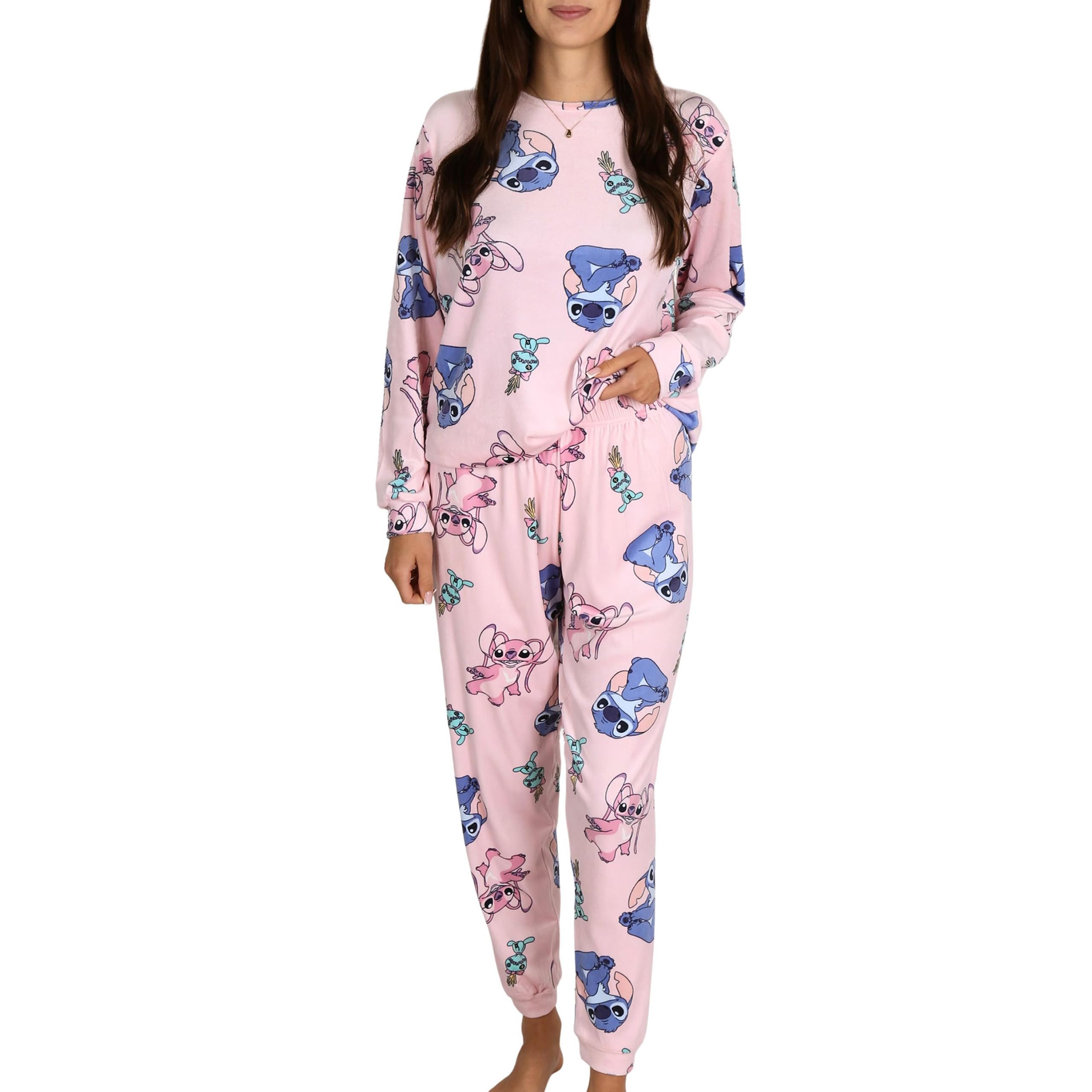 DISNEY Stitch e Angel Pigiama da donna, rosa, a maniche lunghe, IN VELLUTO, completo da notte due pezzi