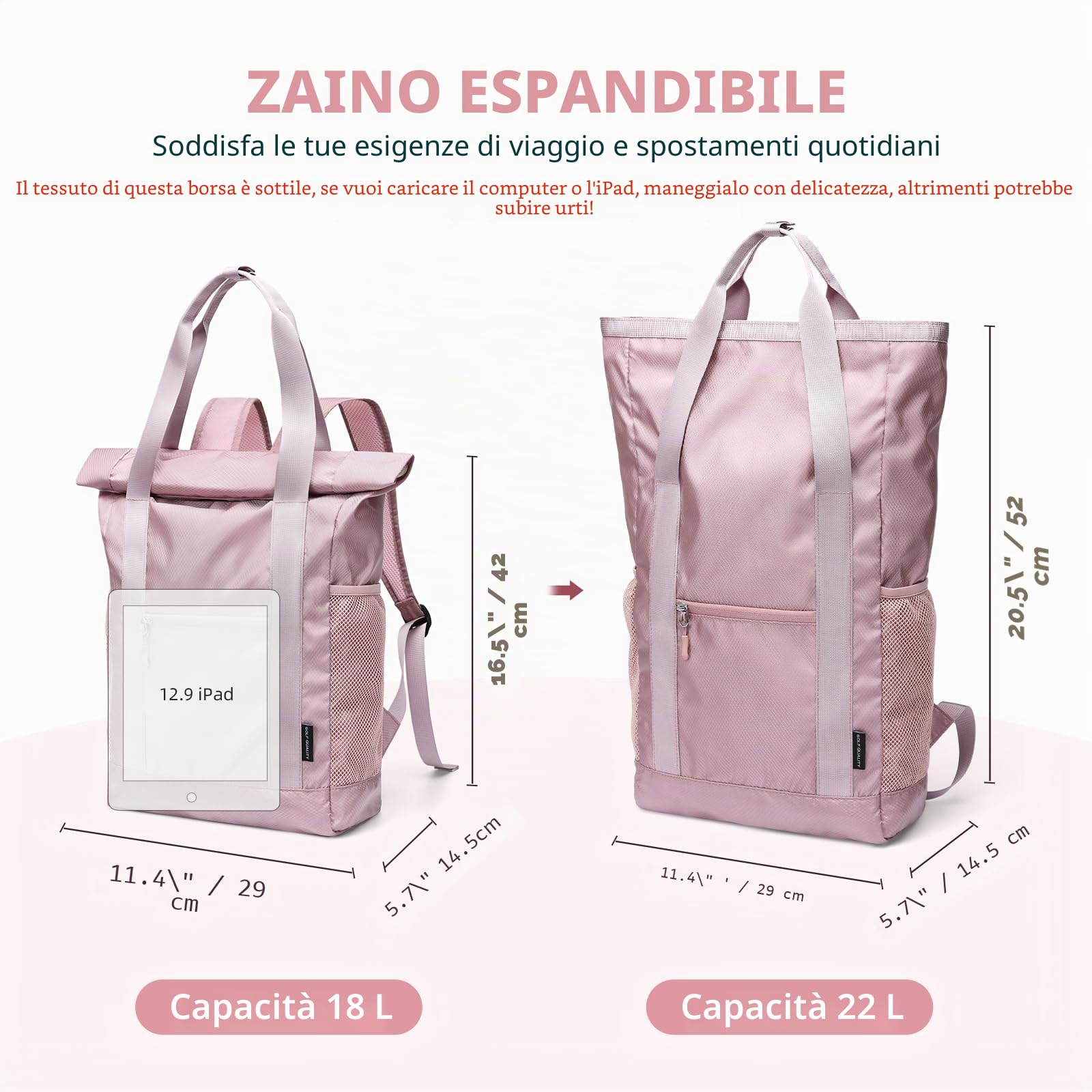 Zaino Pieghevole 2 In 1 Convertibile in Nylon Leggero per Donna Uomo Viaggio Città Sportivo, Borsa a Mano Versatile, Casual Daypack 21.9L, Rosa mirtillo