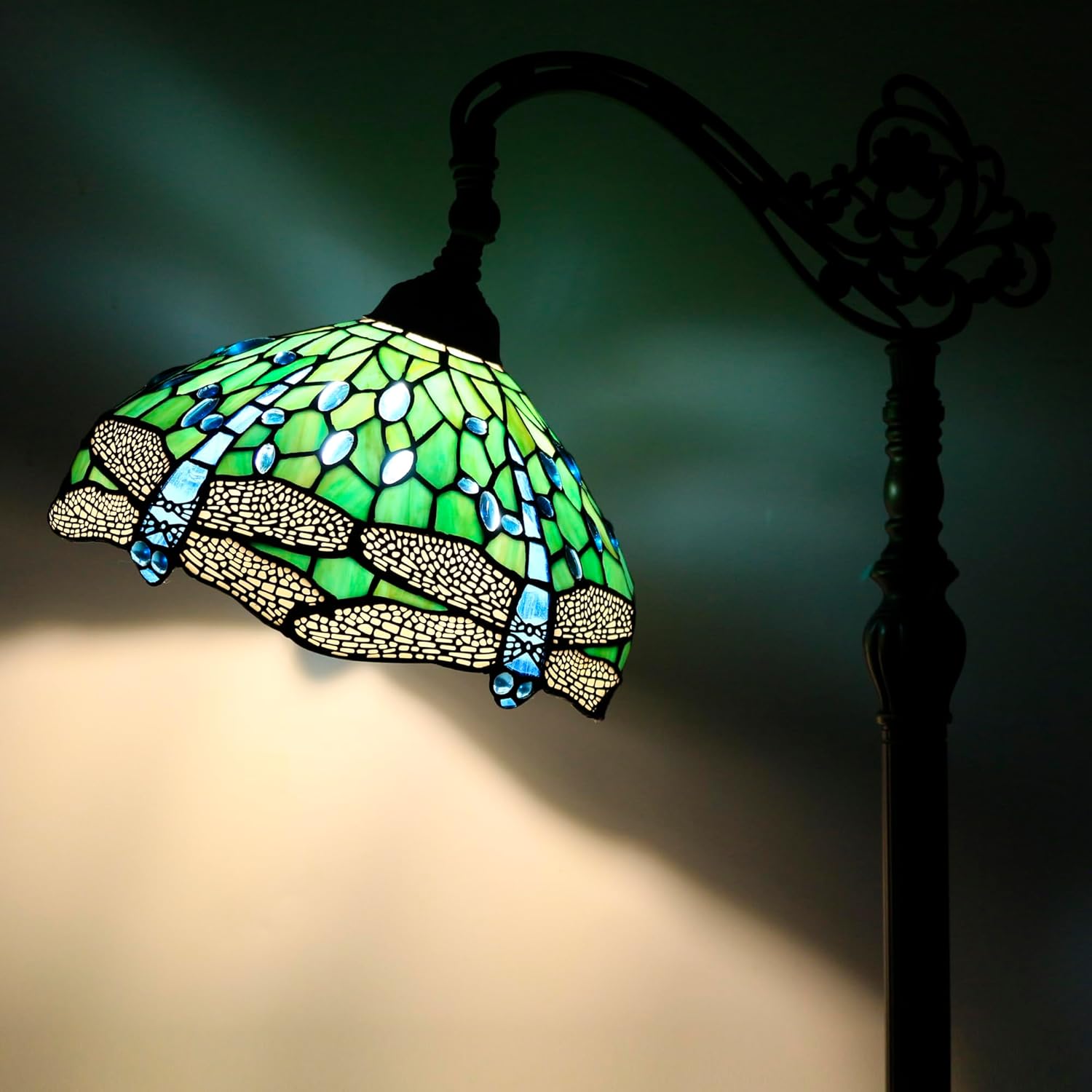 Tiffany Floor Lamp Stained Glass Lamp 18.88X12X67 Inch Angle Adjustable Arched Gooseneck Antique Reading Light (Green Dragonfly)