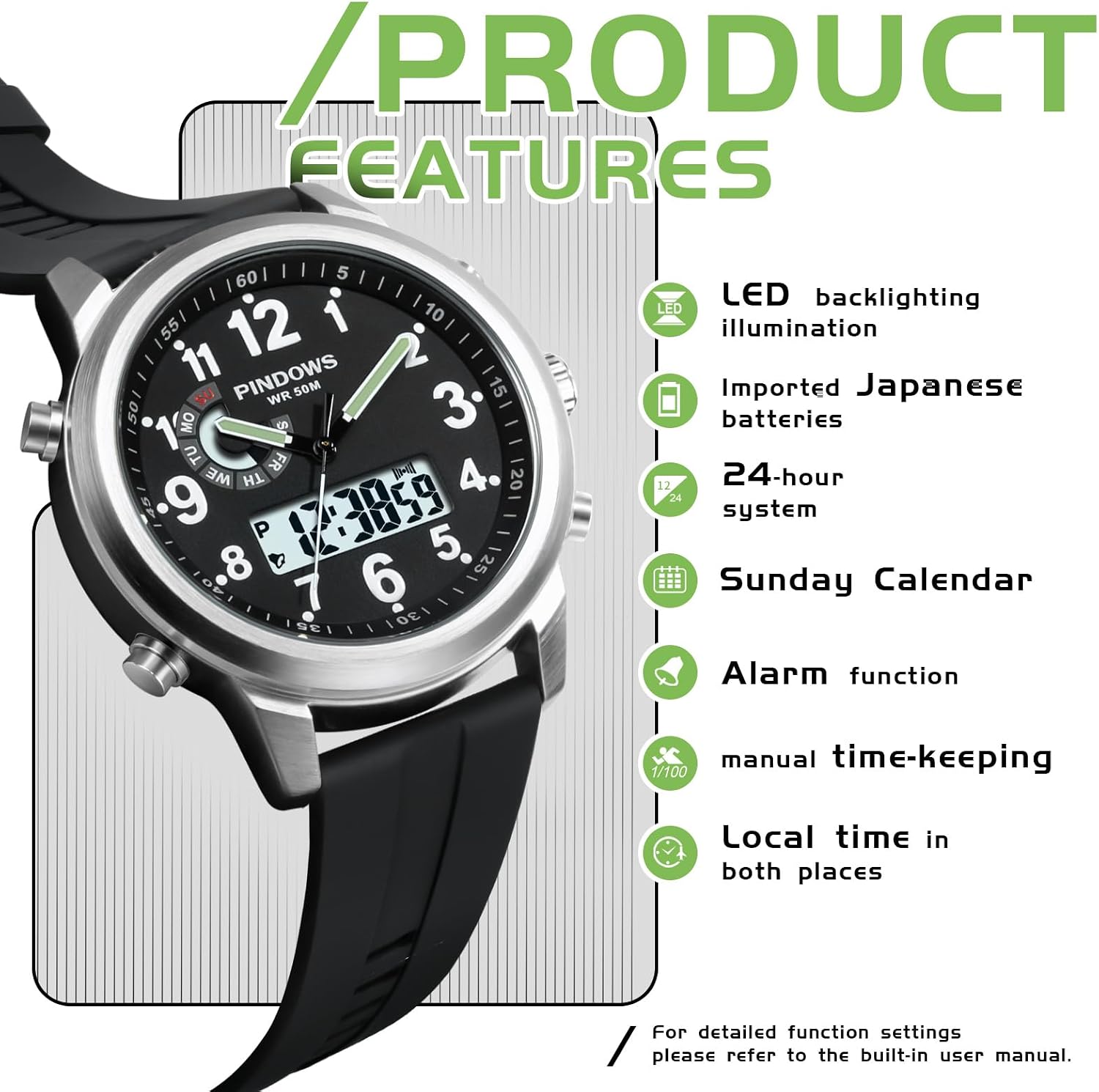PINDOWS Watches for Men, 30M Waterproof Military Digital Analog Outdoor Sport Watch Multifunctional Wristwatch with Dual Time LED Backlight Alarm Stopwatch Calendar