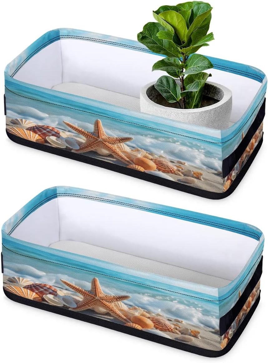 Storage Basket Set of 2 Beach Starfish Seashell Small Baskets for Organizing Fabric Storage Baskets with Handles for Shelves Bathroom Toilet Tank Top