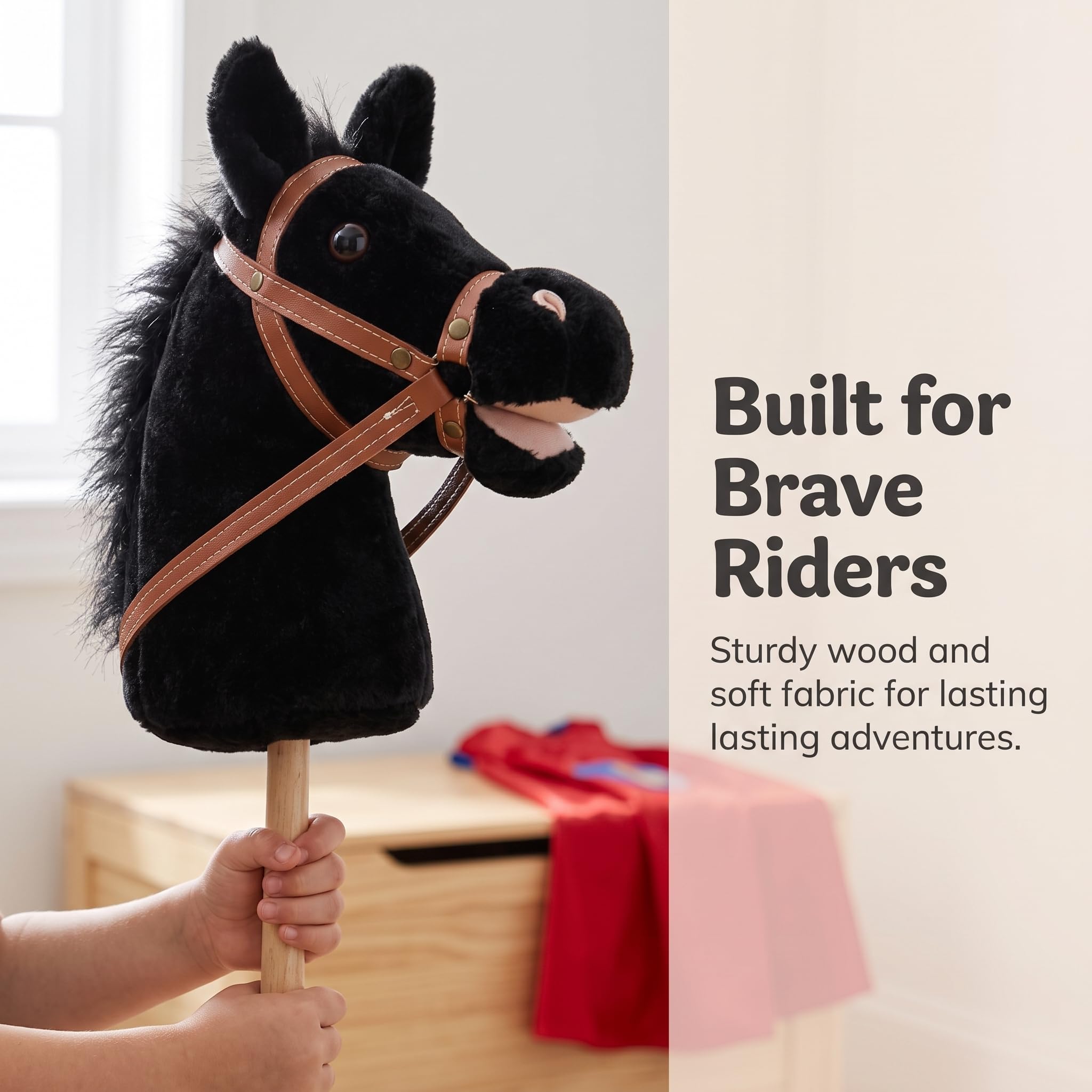 Hobby Horse Pferde für mit Soundeffekten, 100cm Steckenpferd zum Reiten, Schwarz, 100cm Hufeisengeräusch+Pferdegeräusch+Cowboy-Lied Nicht abnehmbar