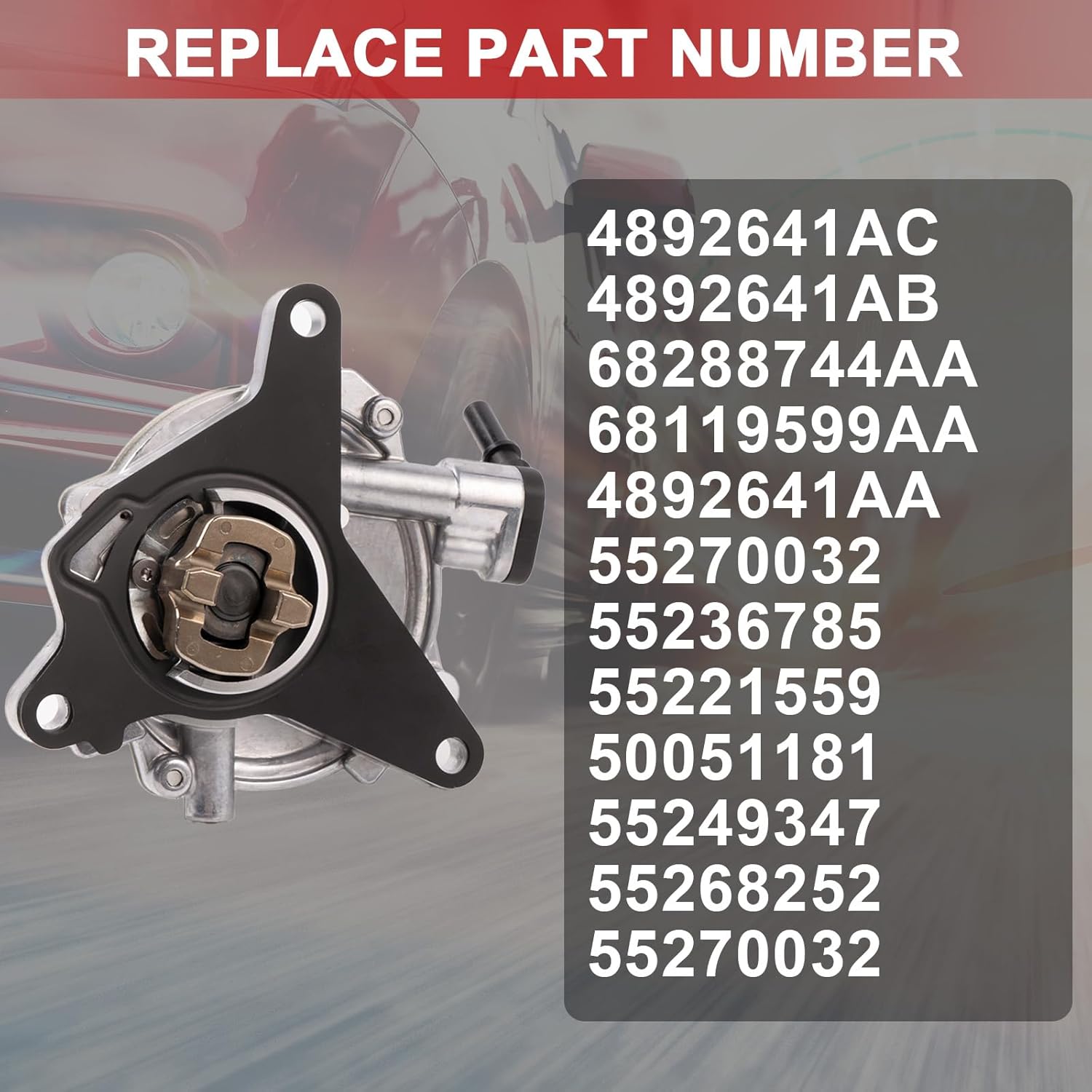 4892641AC Brake Vacuum Pump with Seal Gasket Compatible with Dodge Dart 2013-2016 for Fiat 500 500L 500X 2012-2019 for Jeep Renegade 2015-2018 Replace 68288744AA