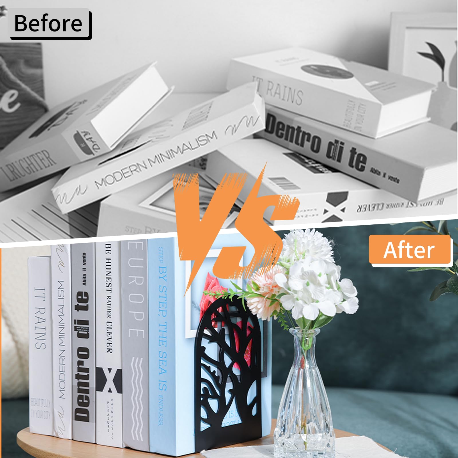 Lot de 8 serre-livres en métal noir avec motif d'arbre - Serre-livres en organza avec butoirs antidérapants - Bords arrondis sûrs - Pour l'école, la maison, le bureau