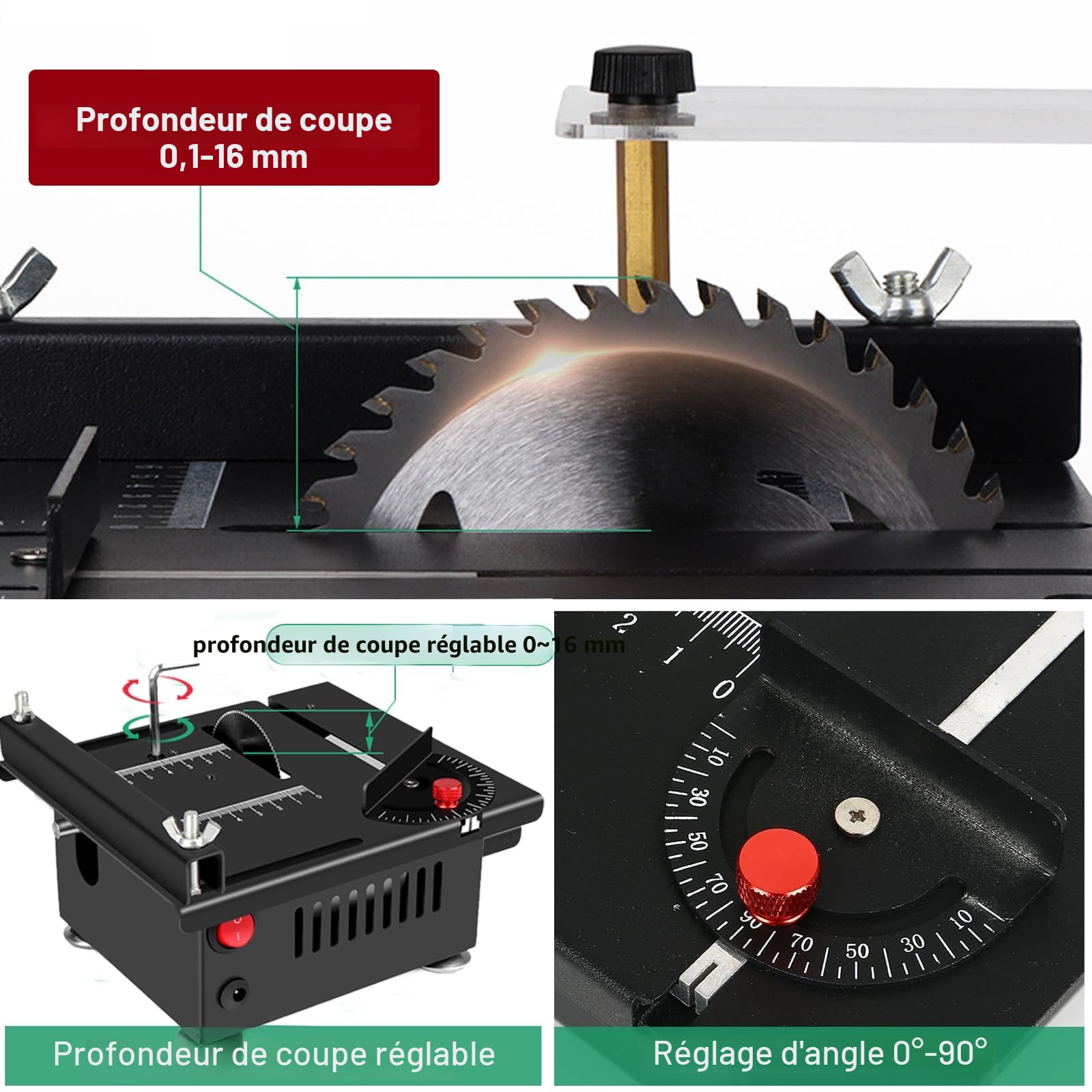 Mini Scie de Table 100W pour Bois, Profondeur de Coupe Réglable 0-16mm, 7 Vitesses, 4 Lames, Petit Banc de Scie