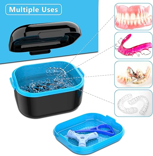 Miniatura 5 de BVN Estuche para prótesis dentales de baño Taza de dentadura para remojar dentaduras, Estuche limpiador de retenedores con espejo, estuche protector