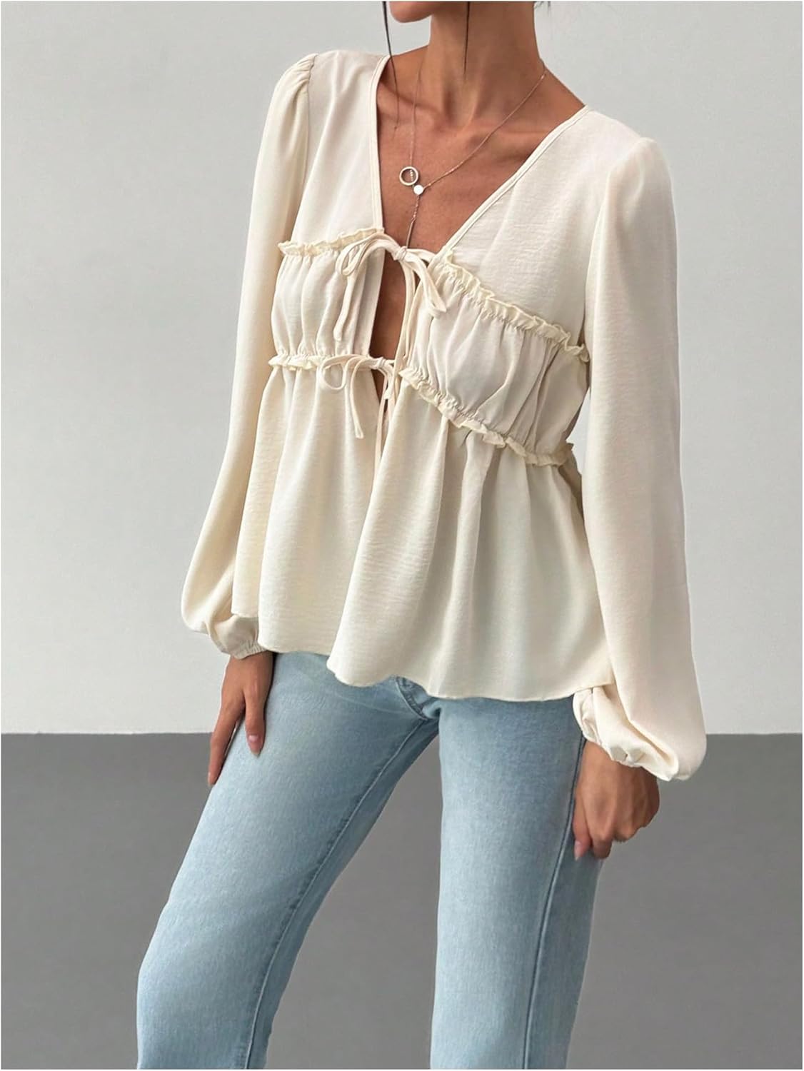 WDIRARA Women's Tie Front V Neck Long Bishop Sleeve Flared Blouse Frill Trim Peplum Top - Image 4