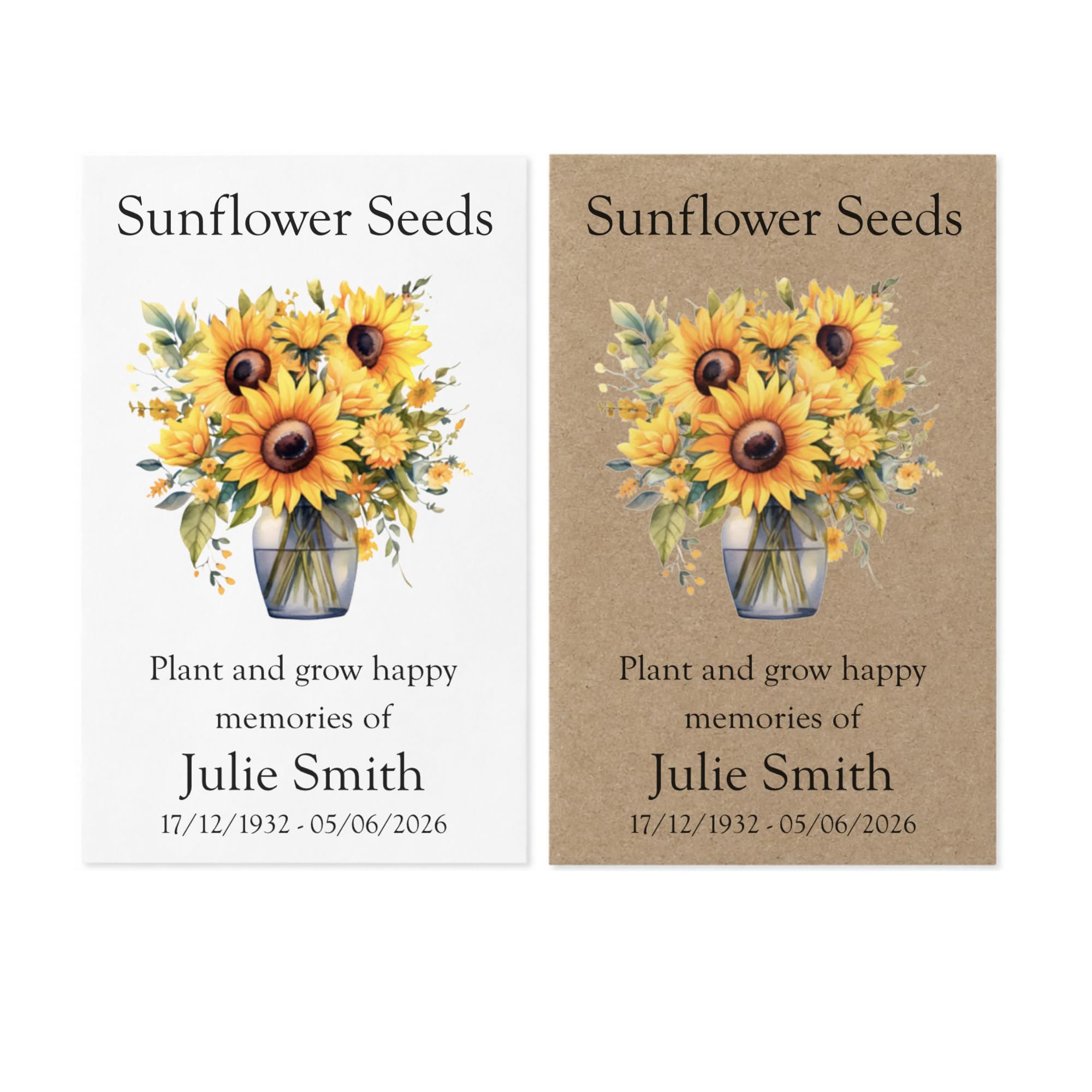 Personalised Remembrance Sunflower Seed Packet Memorial Funeral Keepsake Handmade | Pack of 10 Favours | Sunflower Bunch in Vase