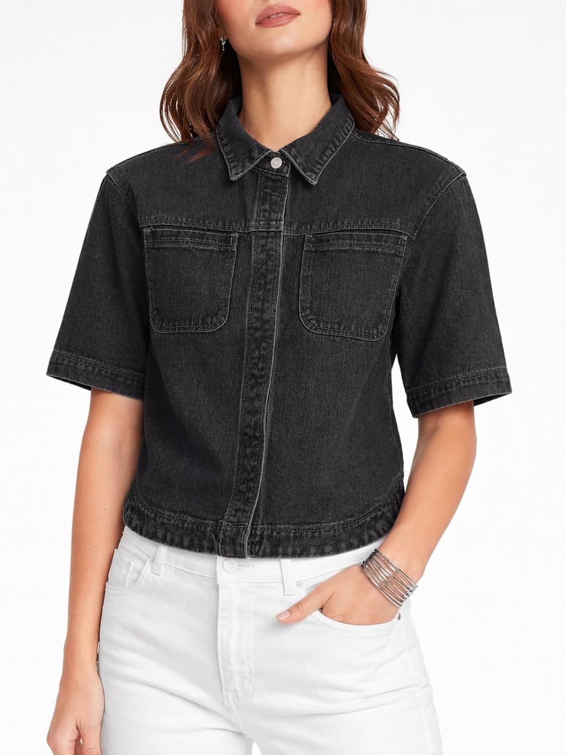 Kedera Women Denim Shirt Tops Short Sleeve Button Down Casual Jean Coat Trendy Jacket Shacket