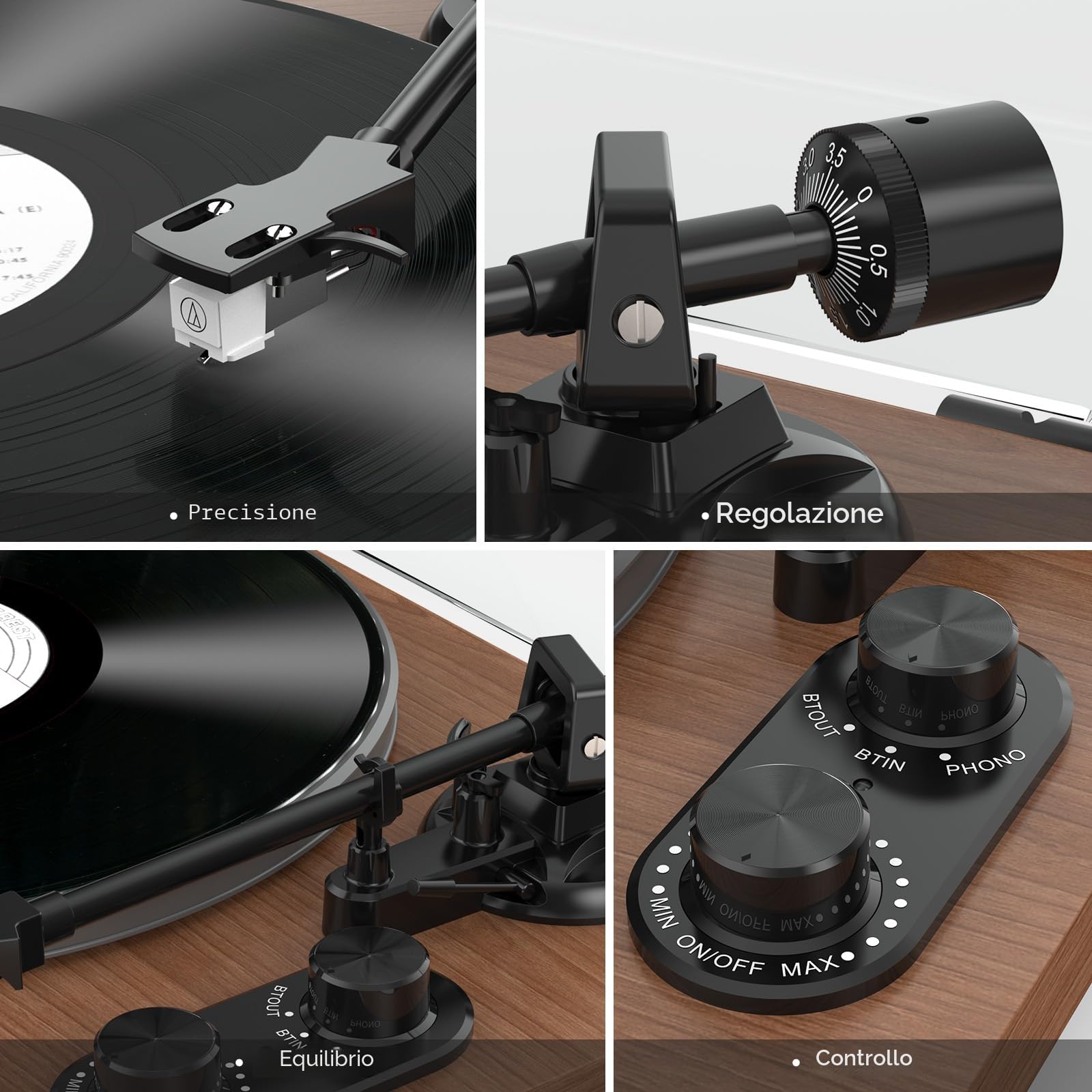 Udreamer Giradischi Sistema Hi-Fi 40 W Lettori Vinile Bluetooth Piatto Alluminio Trasmissione Cinghia 2 Velocità AT-3600L Marrone