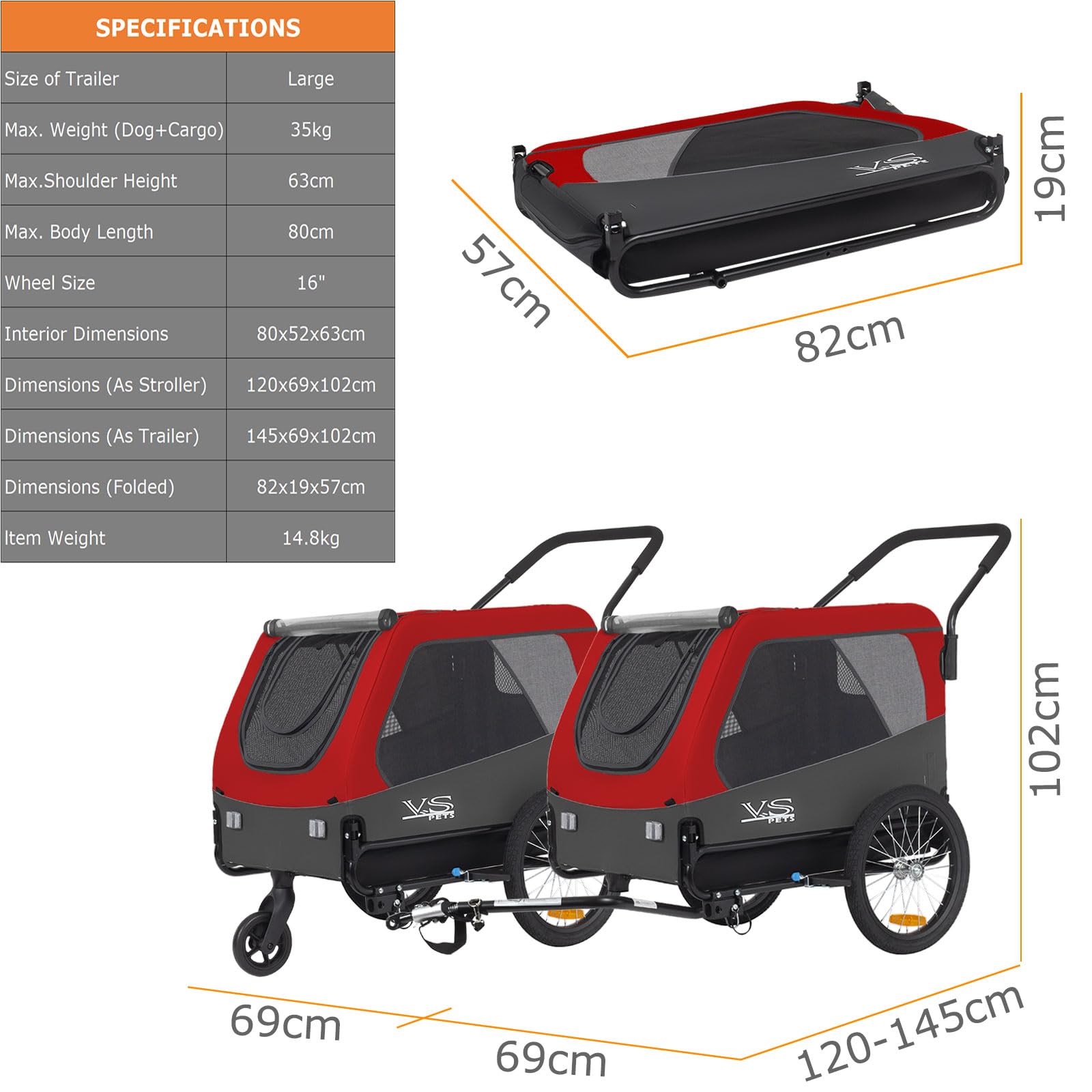 Tiggo VS Pets L Hundeanhänger & Jogger 2-in-1 Hundebuggy, Fahrradanhänger Klappbar,groß ca. 250 Liter Volumen, für Hunde bis 35kg