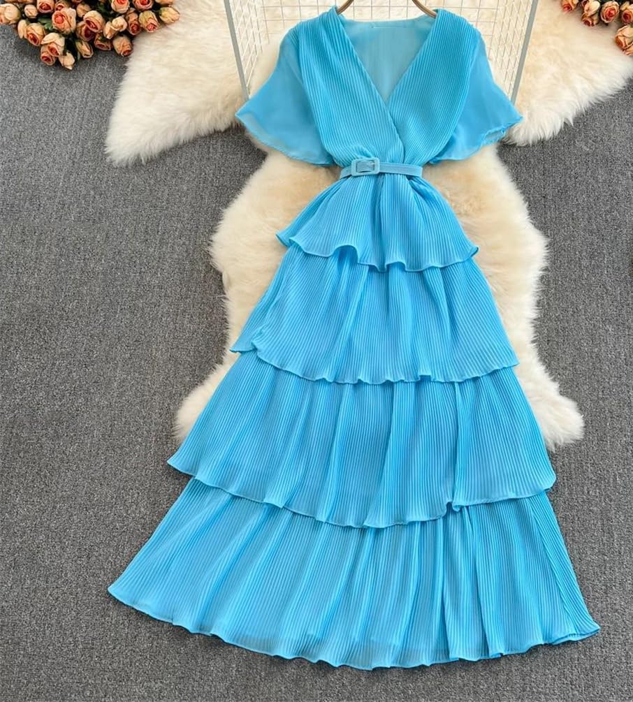 Vestido largo de verano para mujer, cuello en V, manga corta, volantes en cascada, elegante, vestido de fiesta de cumpleaños para boda