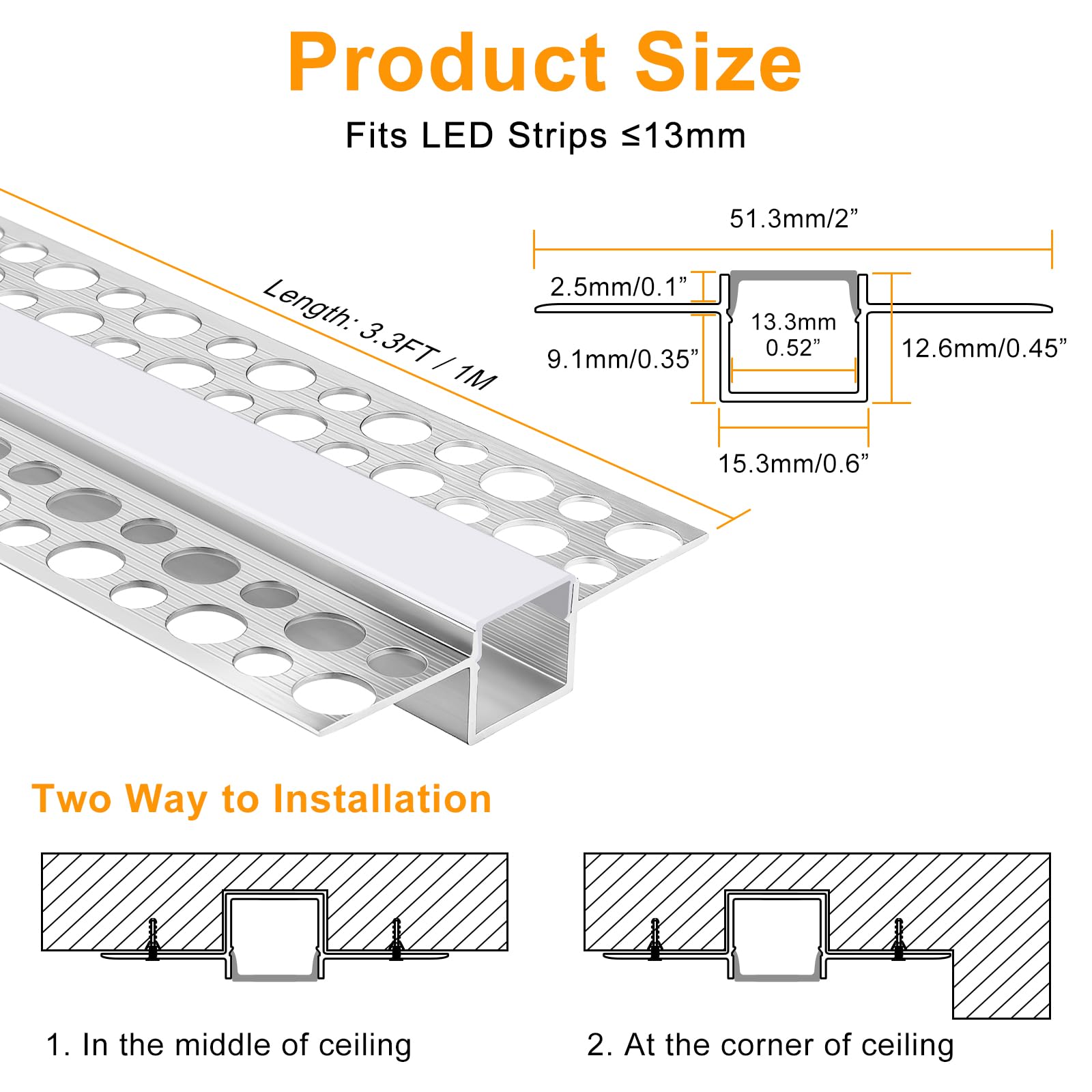 Profili LED intonacati, confezione da 6 canaline in alluminio da 1 m/1 m, con diffusore lattiginoso, adatto per strisce LED fino a 13 mm di larghezza, doppia flangia senza bordo, striscia LED per