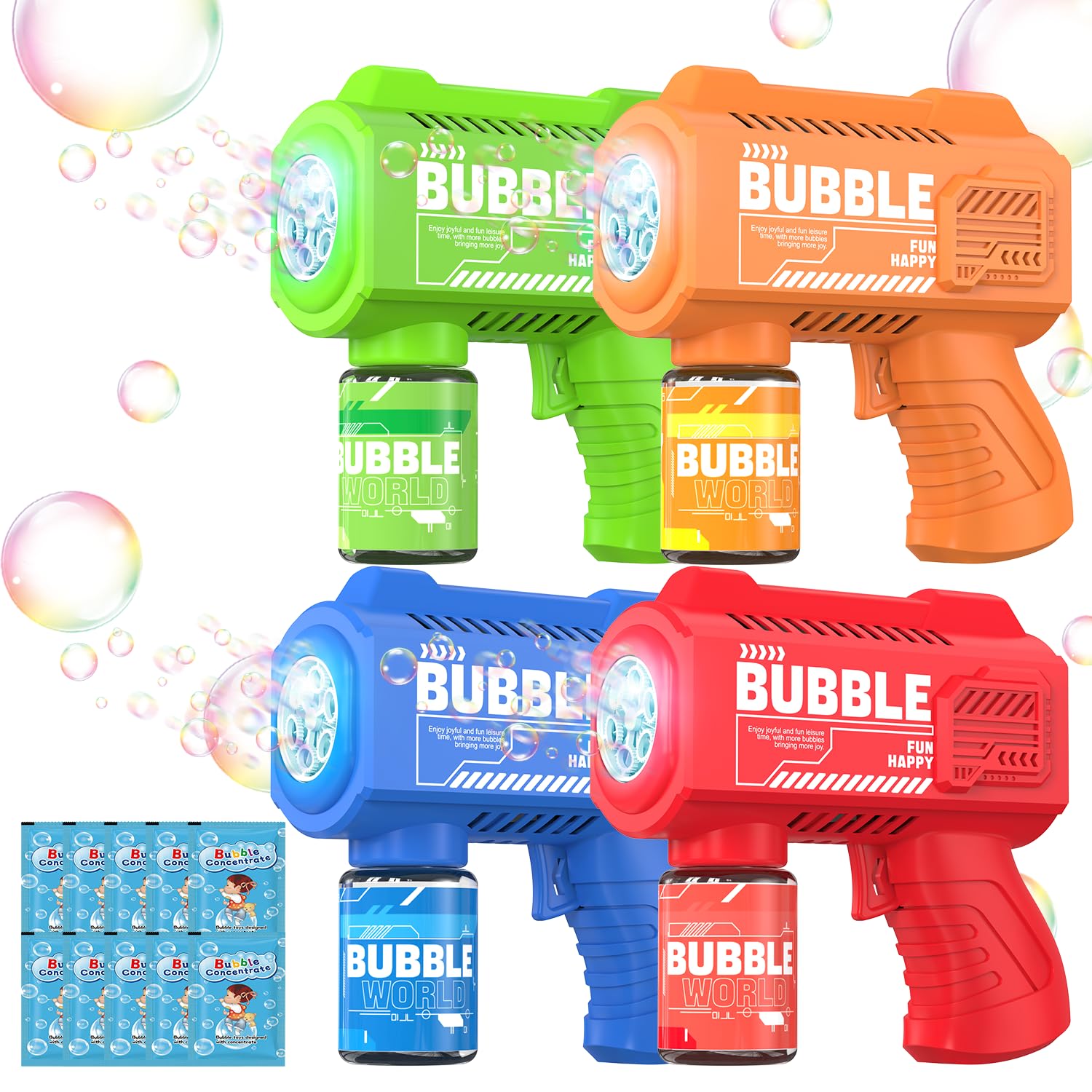 4 Pièces Pistolet à Bulles Automatique - 5000+ Bulles/Min, Portable avec Lumières, 4 Solutions + 10 Recharges - Jouets Bulles pour Enfants - Mariages/Anniversaires/Fêtes/Cadeau