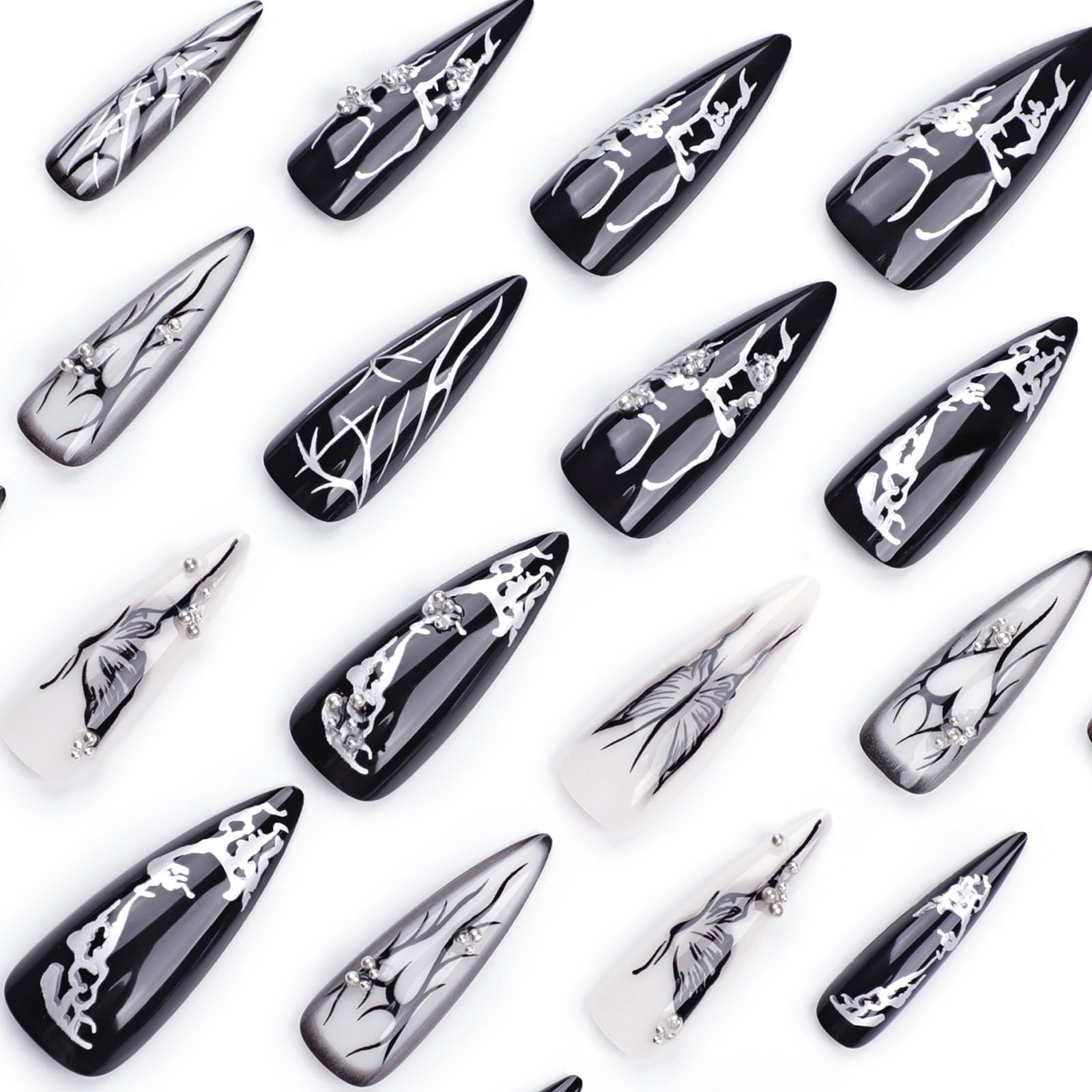 Goth Black French Tip Press on Nails Long Almond - Image 3