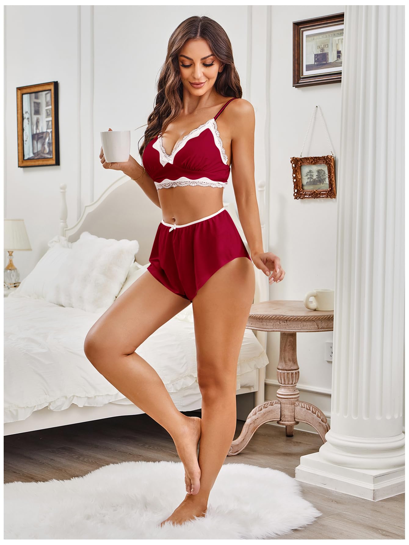 SweatyRocks Women's Lace Trim Underwear Lingerie Sets Sexy V Neck Bra and Panty Set Pajama Sets