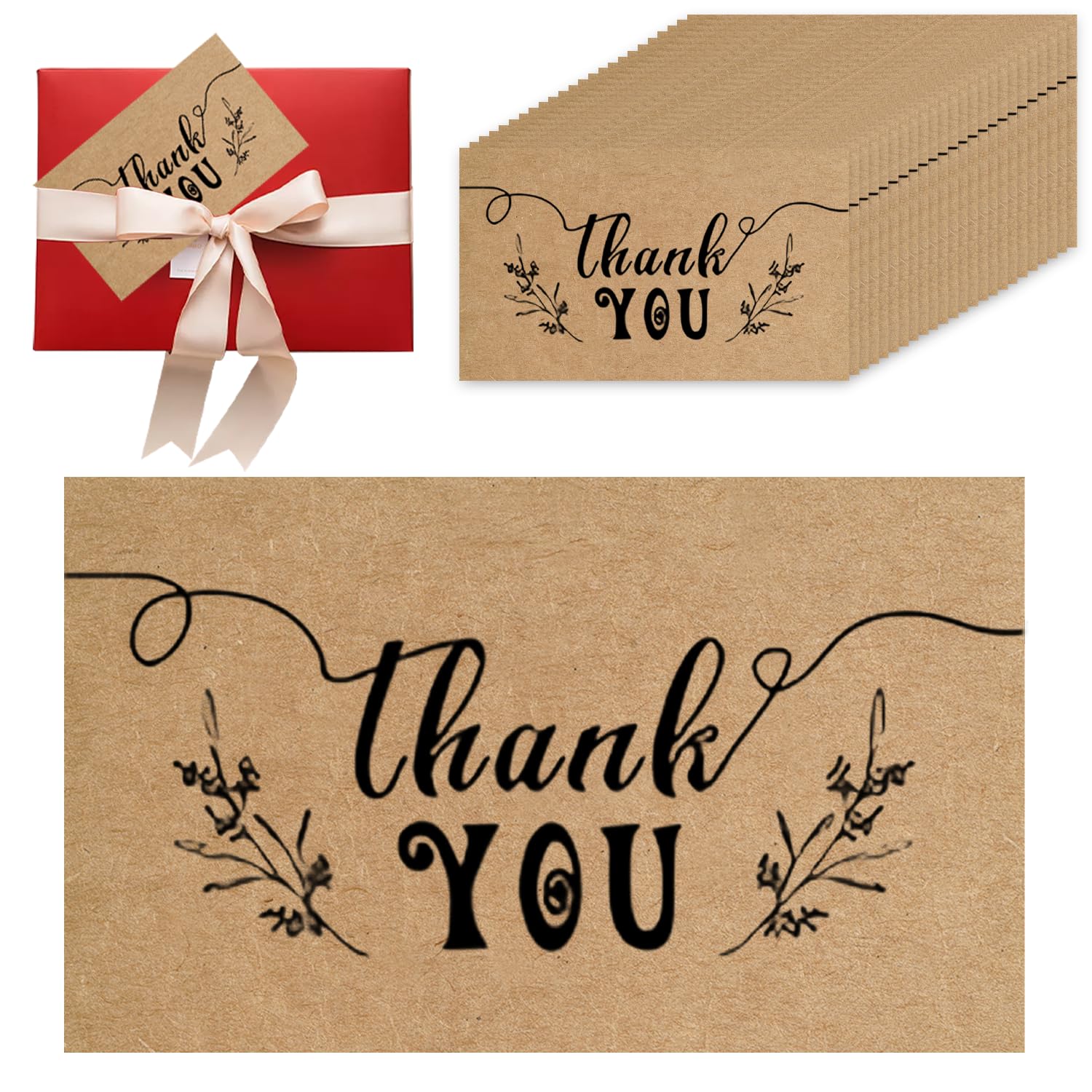 Thank You Cards 50 Pack, Brown Kraft Thankyou Cards Multipack Holiday Decor Small Thank You for Your Order for Business, Customer | Store Packaging Card (B)