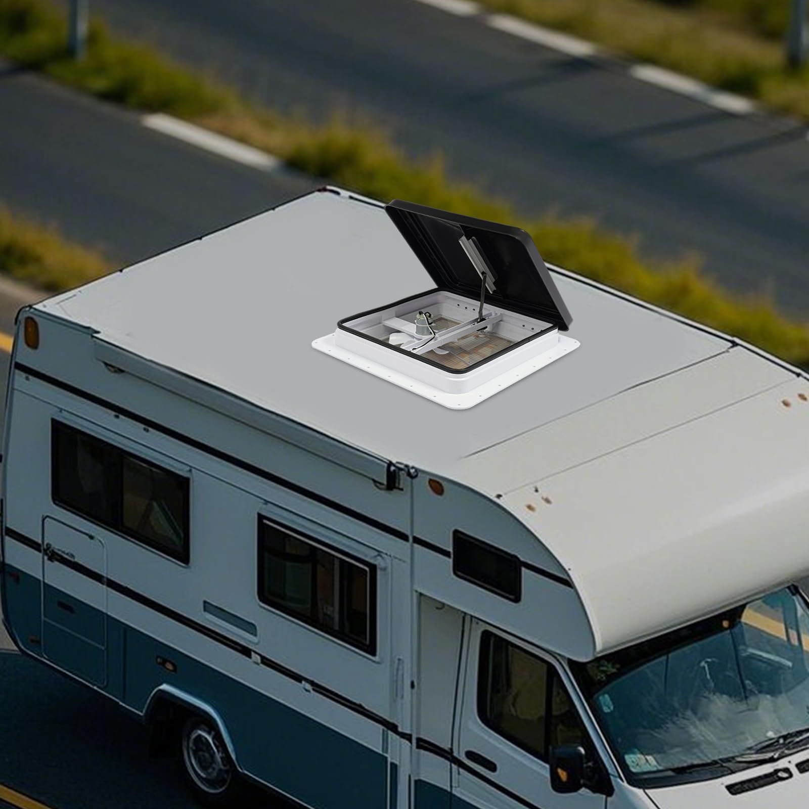 Lucernario per camper 14x14 pollici, finestra universale per roulotte 40x40 con ventilatore, protezione anti-zanzara e montaggio rapido, nero/bianco in plastica