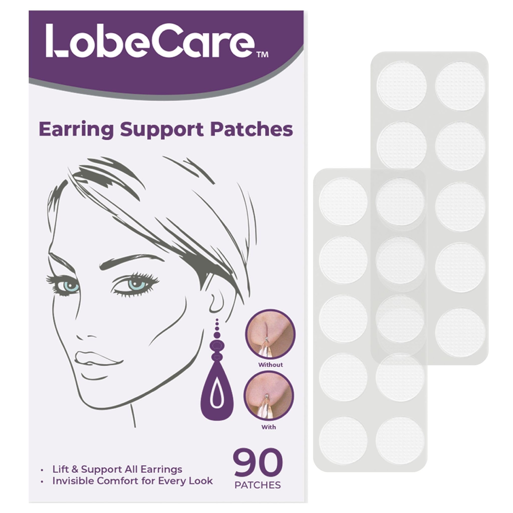 Clear Ear Lobe Support Patches for Earrings - Comfortable and Hypoallergenic Earring Backs for Droopy Ears - Prevents Stretching and Tearing - 90 Patches
