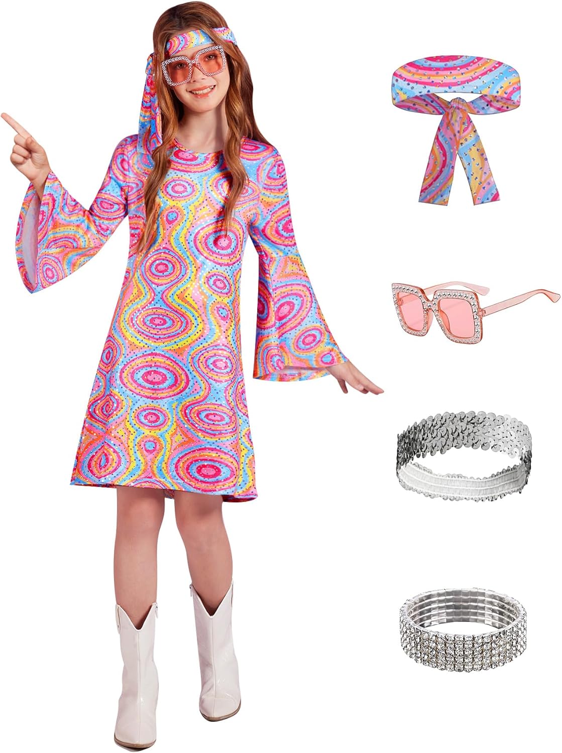 BesserBay Girl's 70s Disco Diva Costume Bell Sleeve Sequins Dancing Dress 4-14 Years