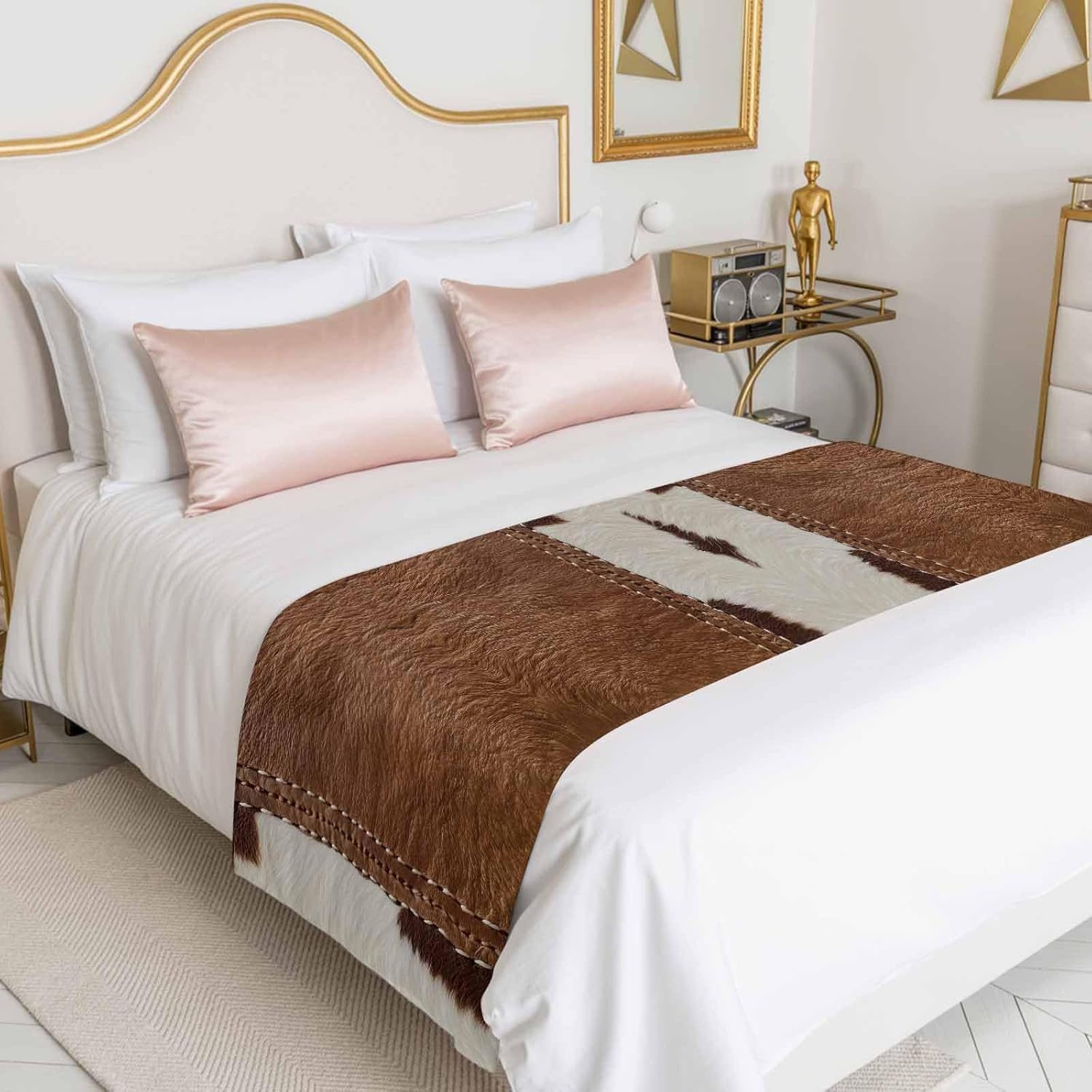 Western Cow Leather Texture Bed Runners for Bedroom Hotel,Decorative Bedding Scarf Abstract Brown White Cow Print Bed End Blanket Bedding Runner Scarves for King Size Beds,102x20in