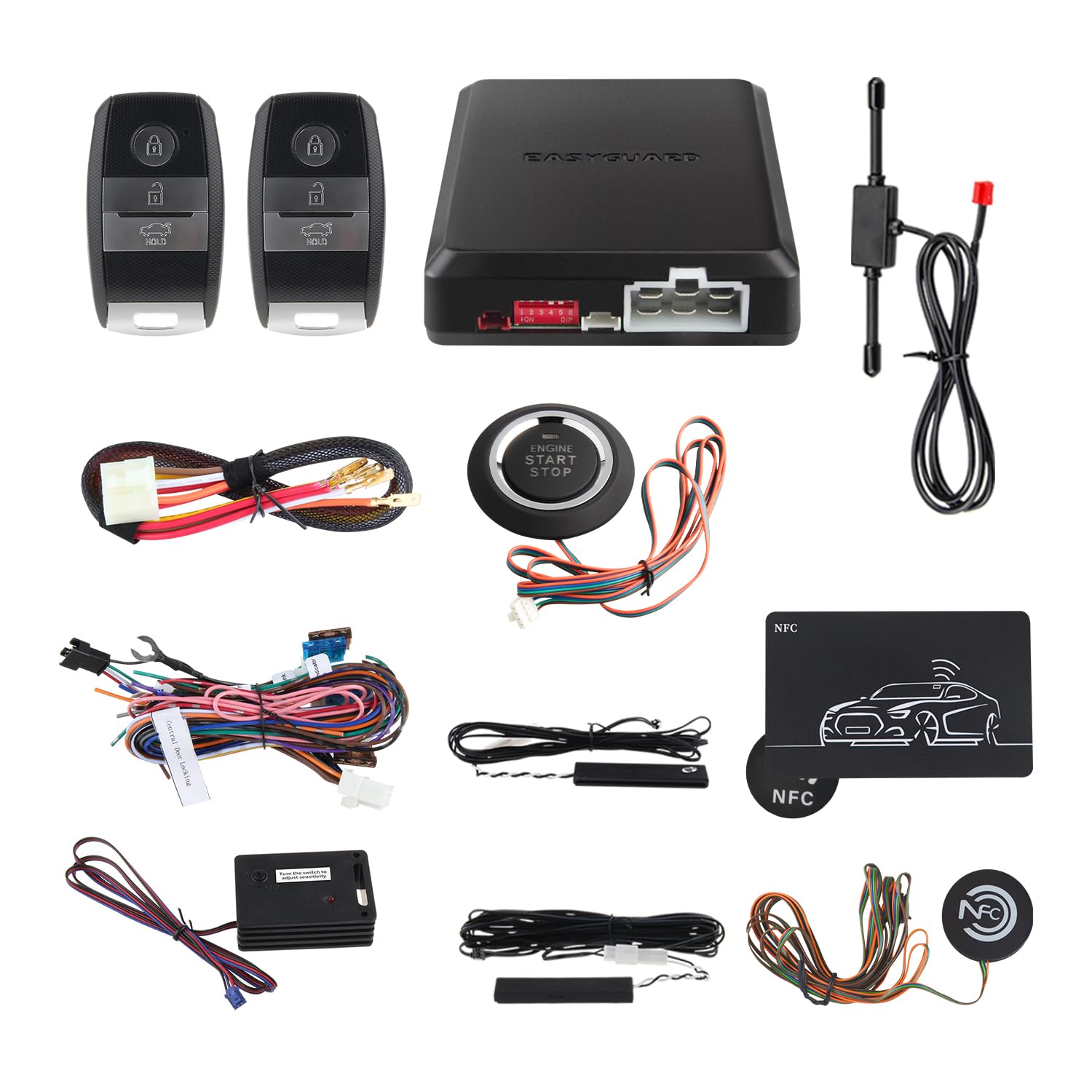 EASYGUARD DC12V PKE Kia Passive Keyless Entry Car Alarm System NFC Lock Unlock Remote Start Stop Starter Push Start Stop Button (with Shock Sensor, K2)