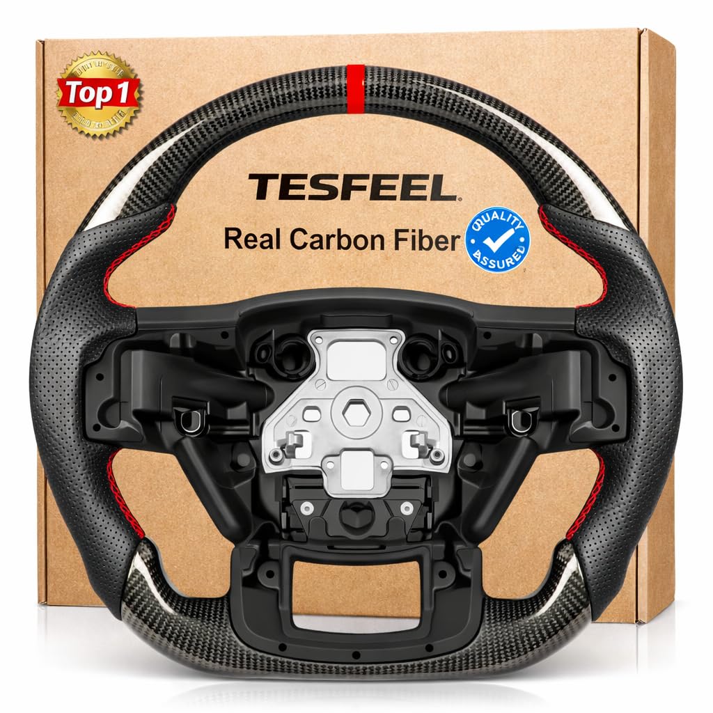 Real Carbon Fiber Steering Wheel for Ford F150 2015–2020, D-Shaped Flat-Bottom, Red Stripe&Stitching, Black Perforated Nappa Leather Grip, for F-150 Without Paddle Shifters Models