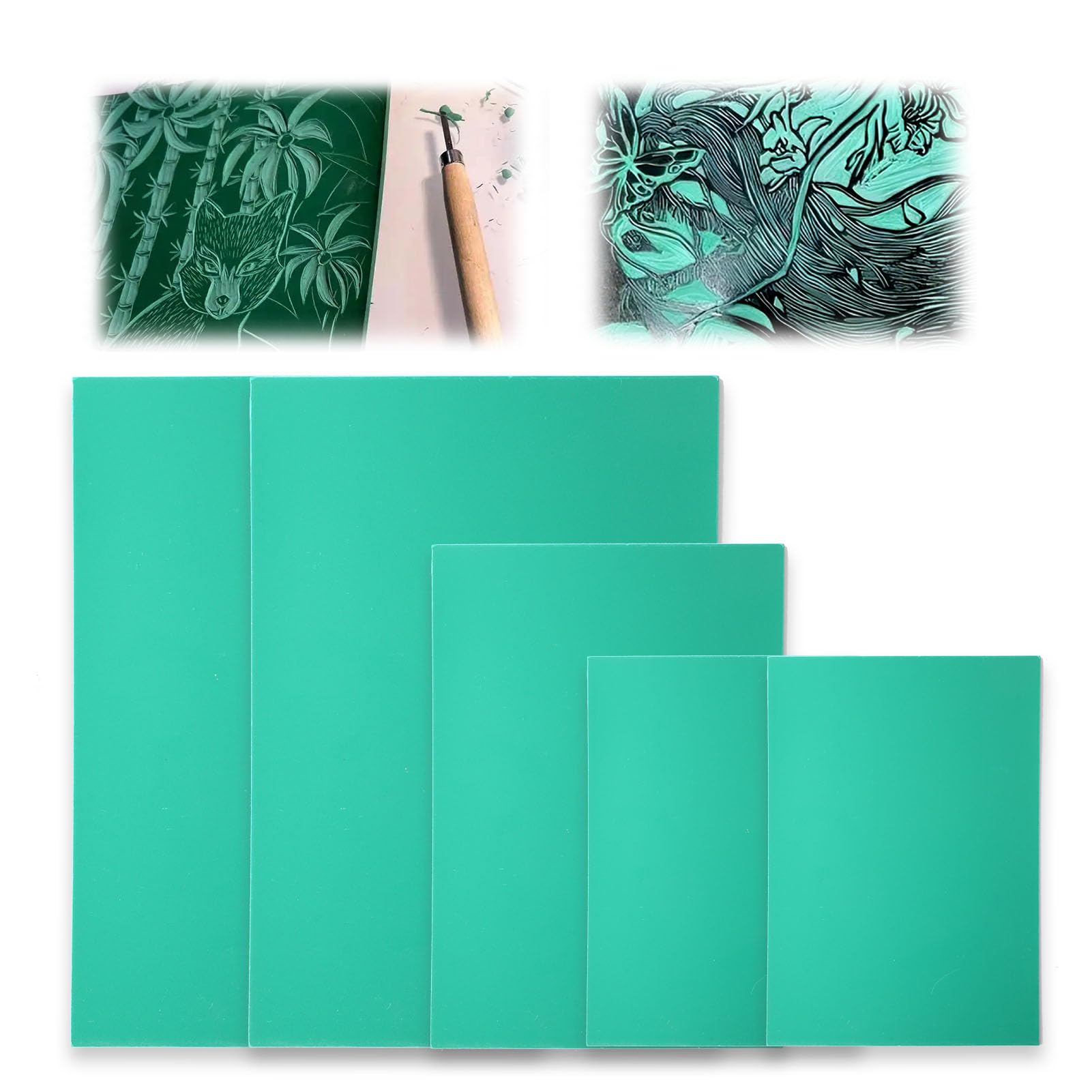 Soft Rubber Lino Printing Sheets Pack of 5 A4 A5 A6 Green Flat Surface Cut Polymer Print Carving Plates Set for Rubber Stamps Engraving Printmaking Artistic Creation (2A4+1A5+2A6)