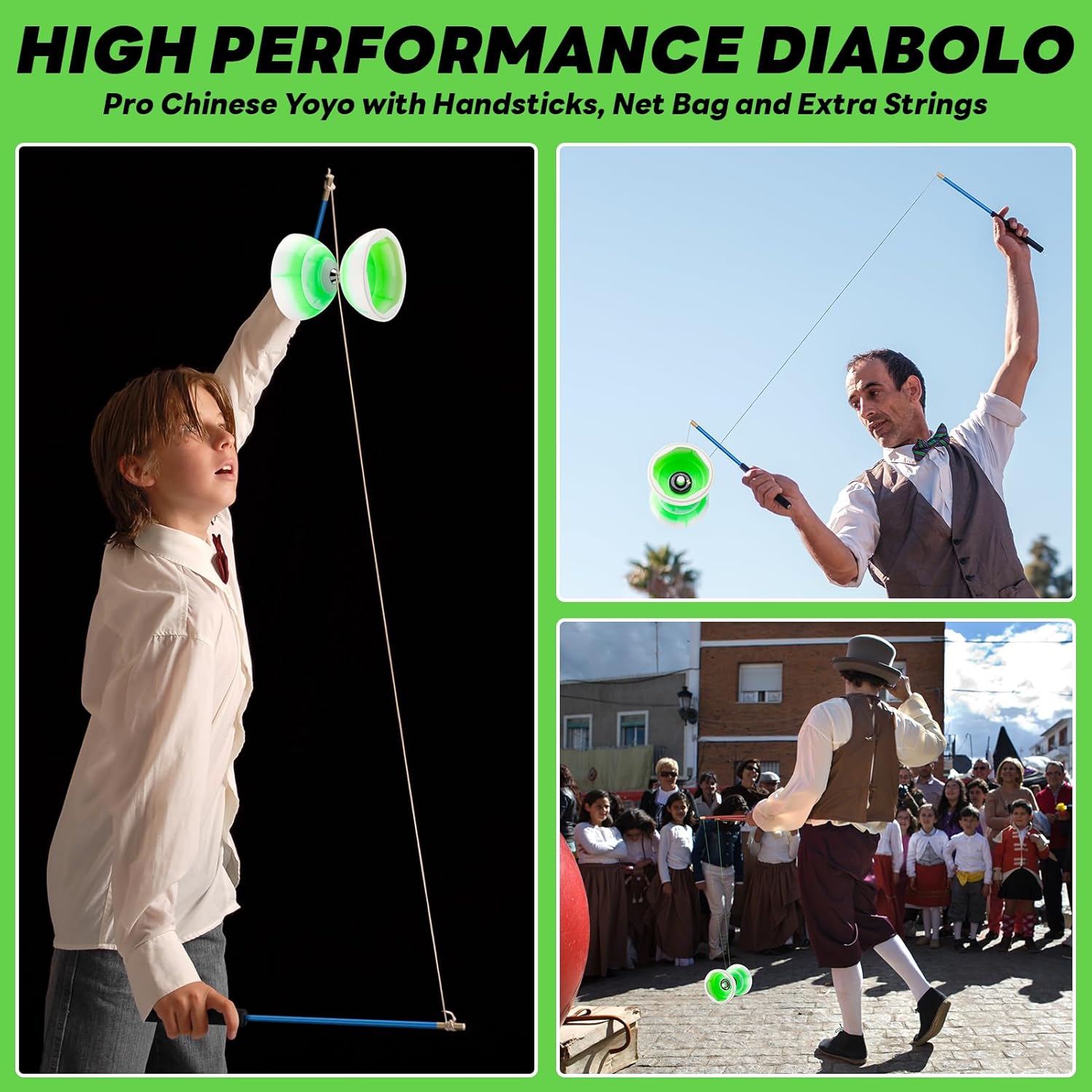 MAGICYOYO Diabolos- Each with 2 Paris Diabolo Sticks (Green White+ Red)