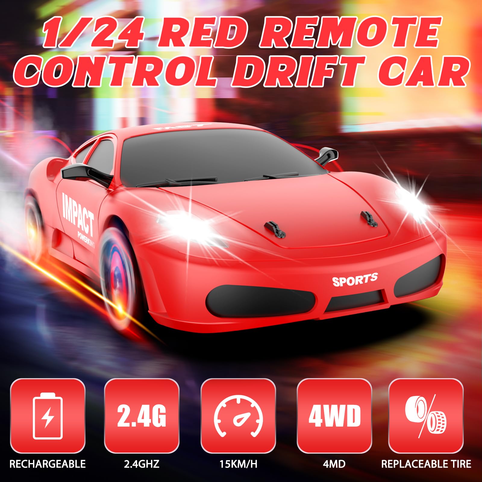 Driftnest RC Drift Car, 1/24 Remote Control Cars, 2.4GHZ 4WD High Speed Drifting RC Cars with LED Lights Drifting Tires Two Rechargeable Batteries Racing Car for Adults Boys Girls Kids Gift Red