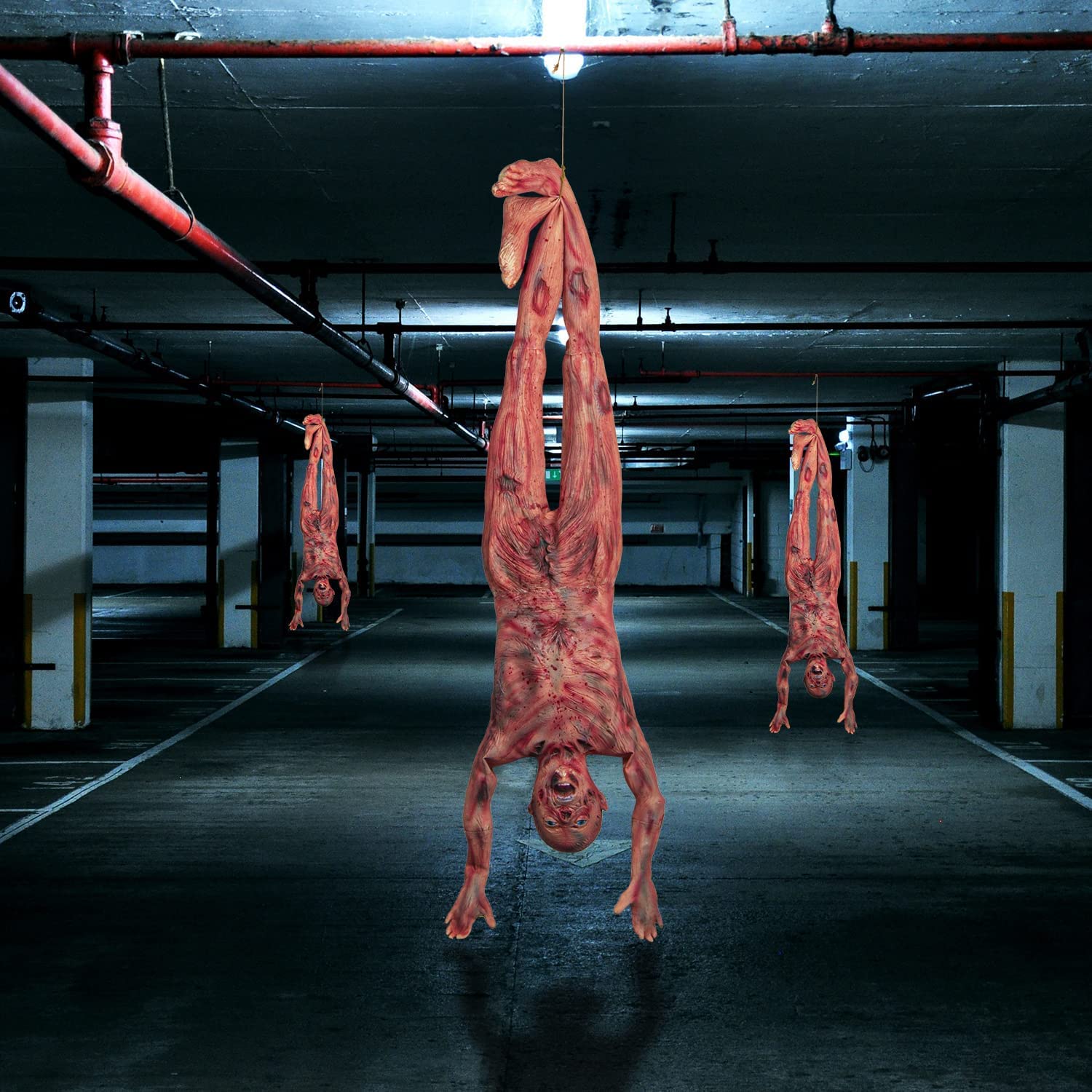 Cadavere insanguinato di Halloween, Torso di cadavere Appeso con Pelle in Lattice Lungo 150 cm per Oggetti di Scena di Halloween, casa stregata, Zombie