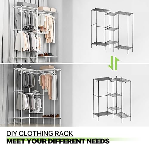 Miniatura 7 de Magshion Perchero de ropa resistente para colgar ropa, estante de alambre de metal ajustable, armario portátil con 7 estantes y 4 varillas para