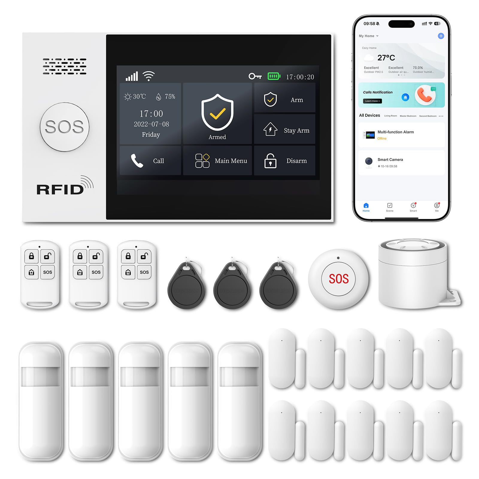 LWOHSI Sistema de Alarma de Seguridad para el hogar, Pantalla táctil inalámbrica de 12,9 cm (4.3"), Compatible con Alexa y Google Home y Apartamentos. (24 Pieza)