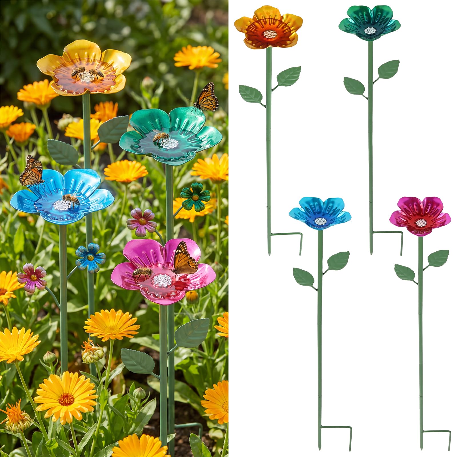 Bee Watering Station for Garden, 4 Pack Metal Flower Bee Baths, Butterfly Feeders for Outdoor Yard Decor, Pollinator Drinking Station with Adjustable Height Stakes, Insect Waterer for Bees Butterflies