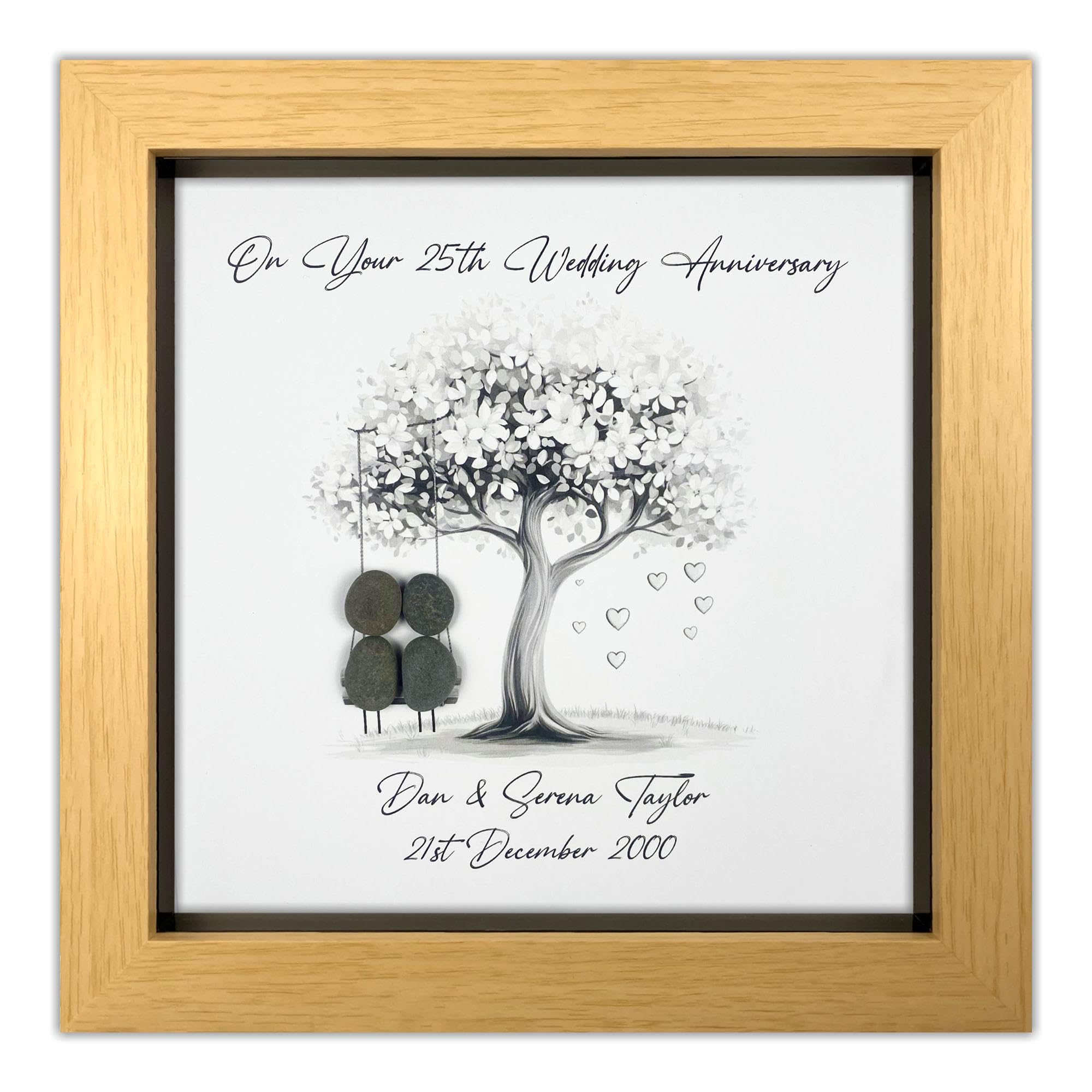 Handmade Personalised 25th Wedding Anniversary Pebble Art Gift, Silver Anniversary Pebble Picture Keepsake, Mr & Mrs Gift, Present for Couple on Swing (Wood Effect Frame)
