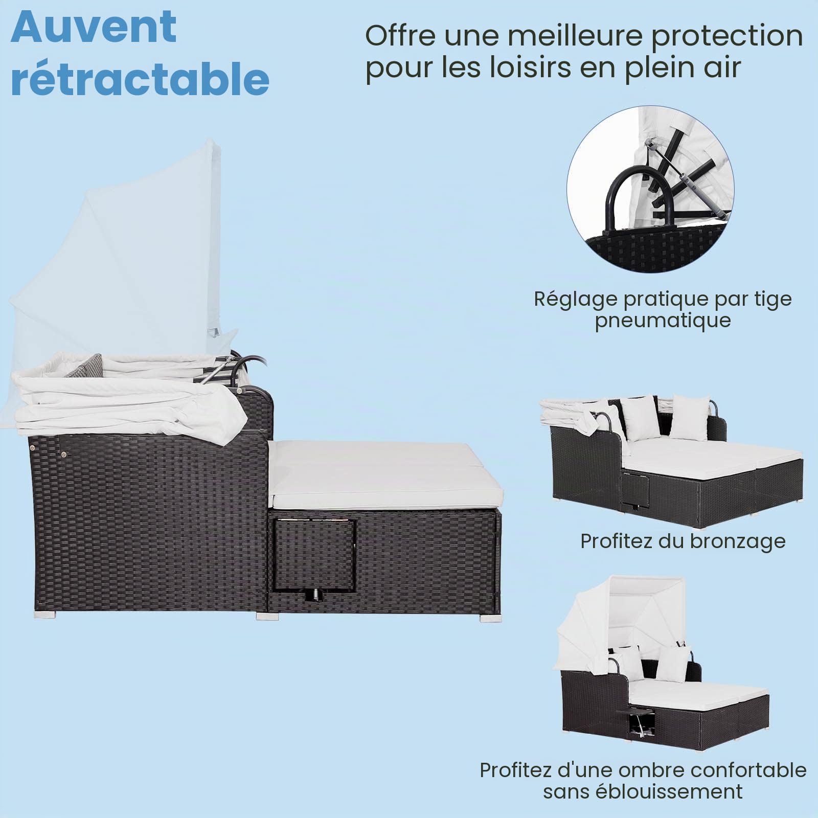 LIFEZEAL Chaise Longue Bain de Soleil à 2 Places, Canapé-lit de Jardin Extérieur avec Pare-Soleil, Transat en Rotin PE avec Coussin et Petite Table Basse, Charge de 360 KG, Blanc et Noir