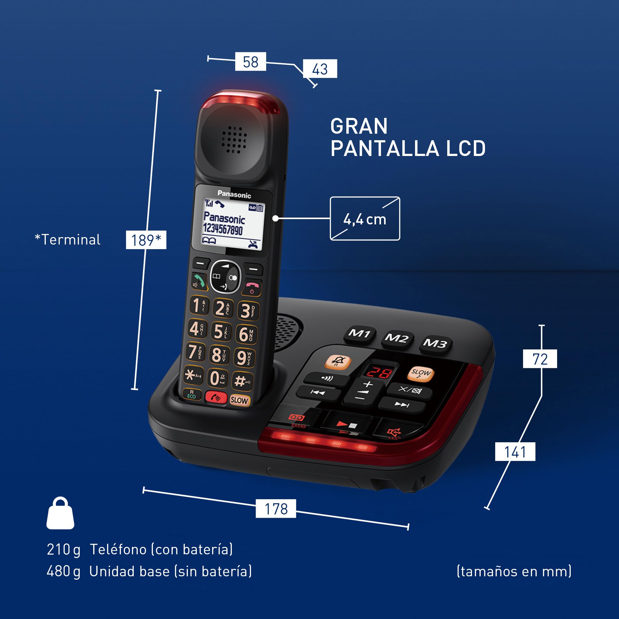 Panasonic KX-TGM420 Bezprzewodowa cyfrowa odbierająca telefon, prosta podstawowa i słuchawkowa, LCD, głośna głośność, tryb powolnej rozmowy, kompatybilny z aparatami słuchowymi, blokuje niechciane