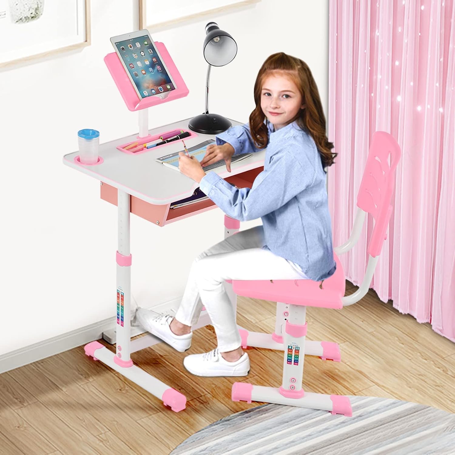 🔥 Hоt Dеаlѕ Mnjin Kids Desk and Chair Set,Kids Interactive Workstation, Height Adjustable Child Desk Set Kids Desk w/Reading Bookstand & Drawer,School Student Study Desk Chair for Boys & Girls (Pink) Blасk Frіdау - 70% оƒƒ Mnjin Kids Desk and Chair Set,Kids Interactive Workstation, Height Adjustable Child Desk Set Kids Desk w/Reading Bookstand & Drawer,School Student Study Desk Chair for Boys & Girls (Pink)