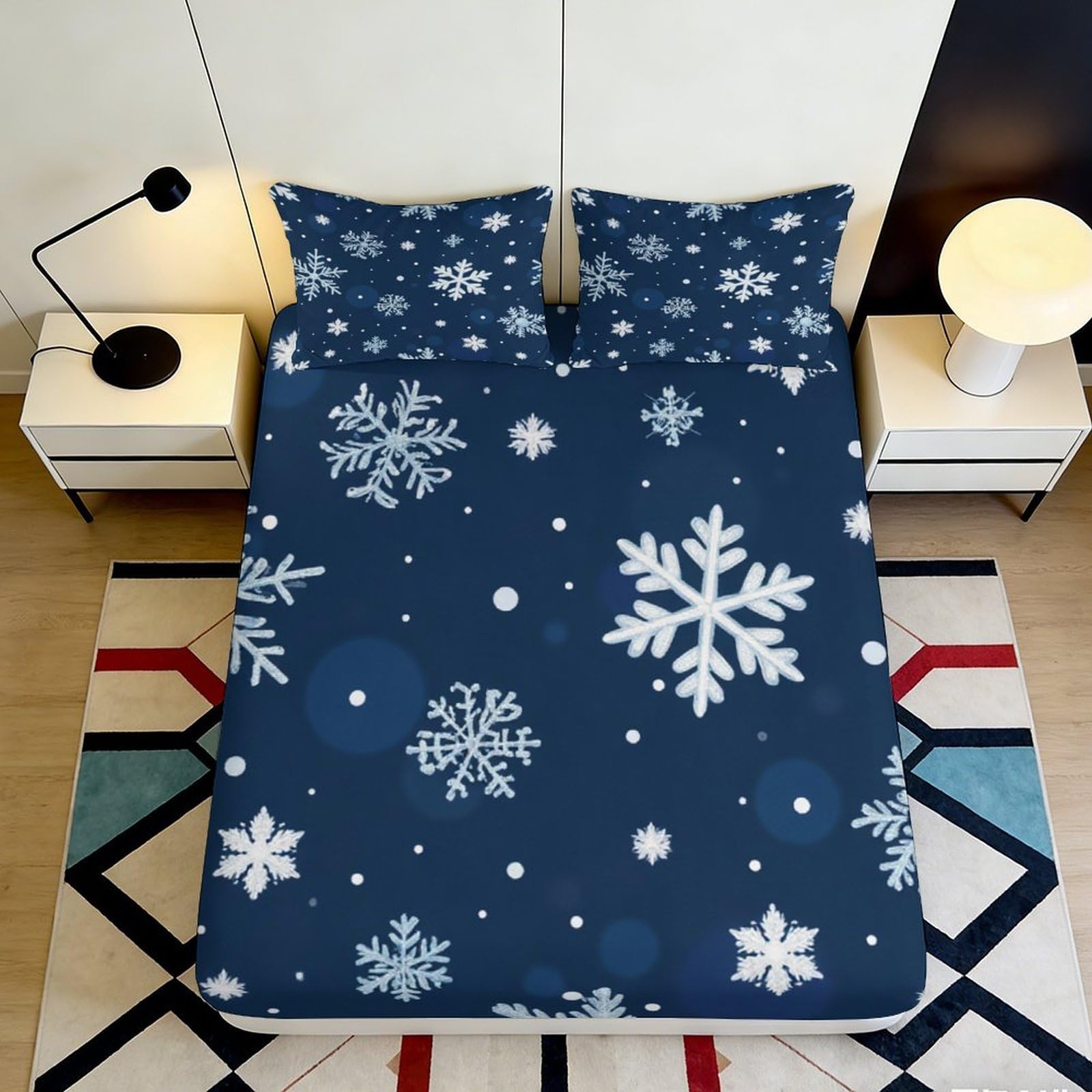 3D Printed Snowflake Pattern Fitted Sheet Microfiber Winter Blue Mattress Cover for Bedroom Dorm Decor Protection 90x200x25cm