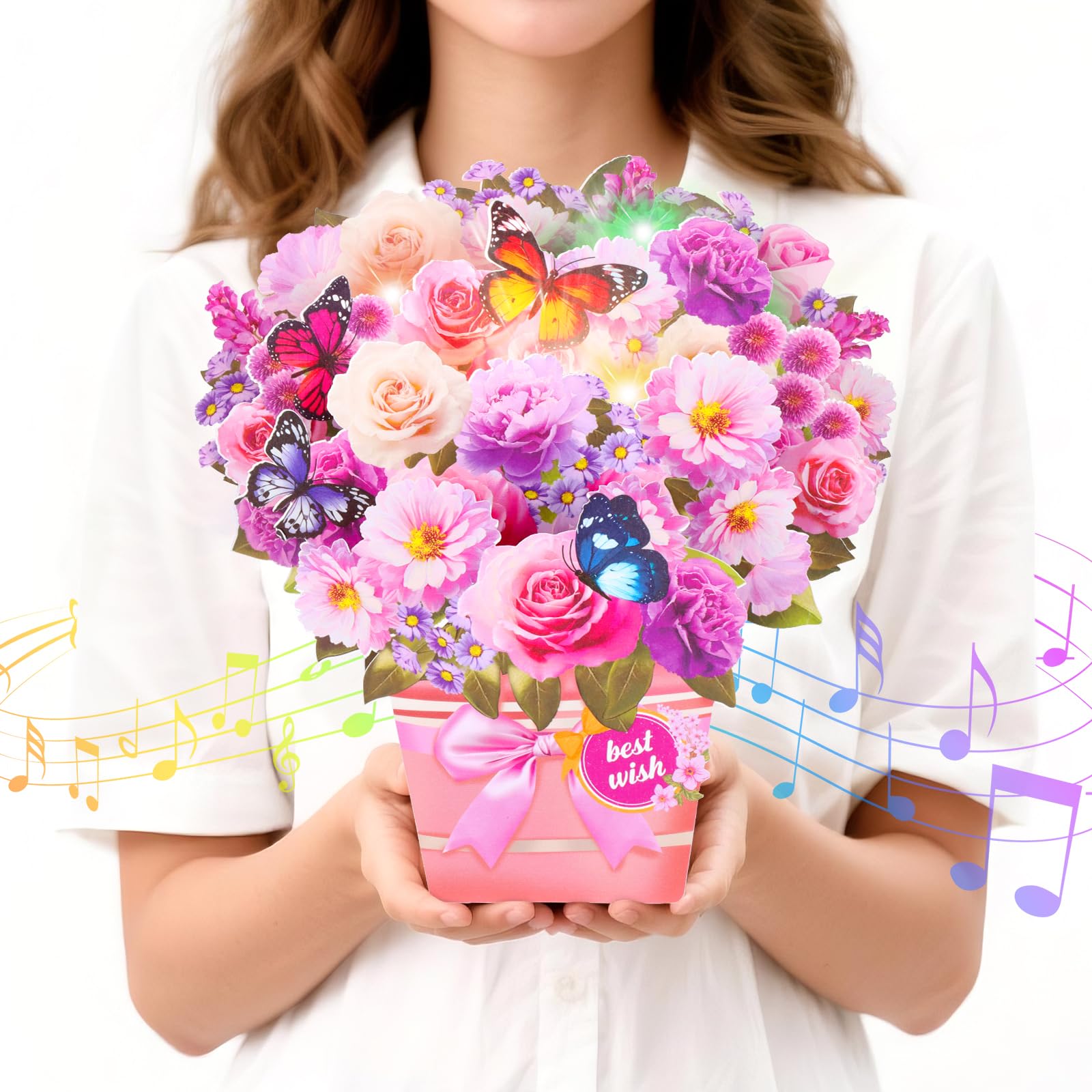 Birthday Card with Music and Lights, 3D Pop-up Daisy & Rose Paper Floral Butterfly Flower Bouquet Birthday Card for Girls, Women, Wife, Mum, Grandma, Sister, Girlfriend