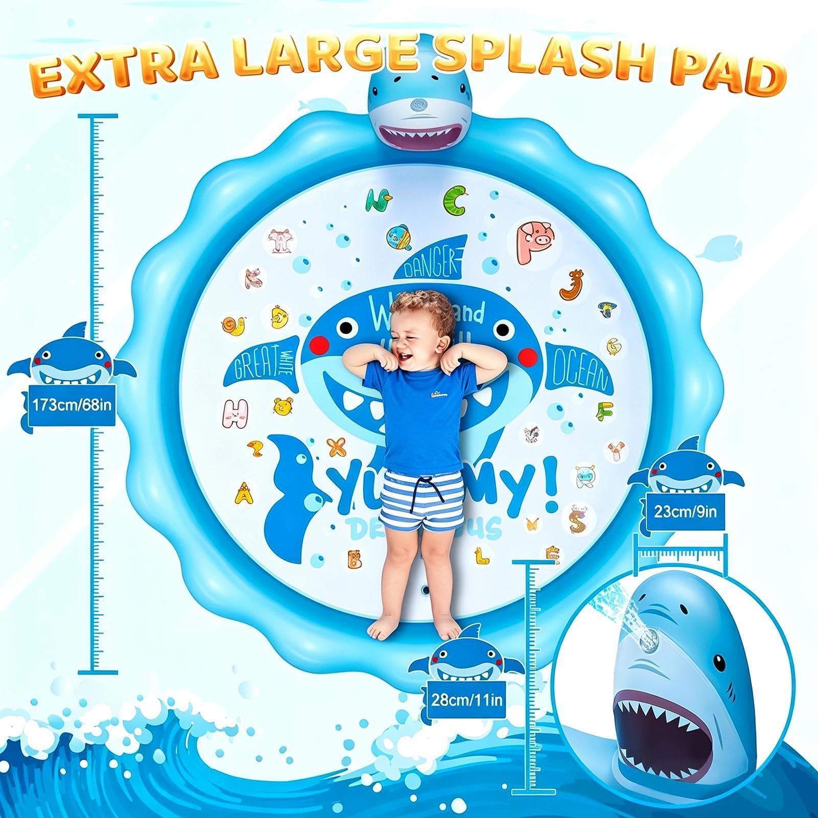 68in Kids' Splash Mat, XXL Inflatable Wading Pool & Splash Pad with Ocean-Themed Fountain – Summer Outdoor Toy for Boys & Girls, Blue