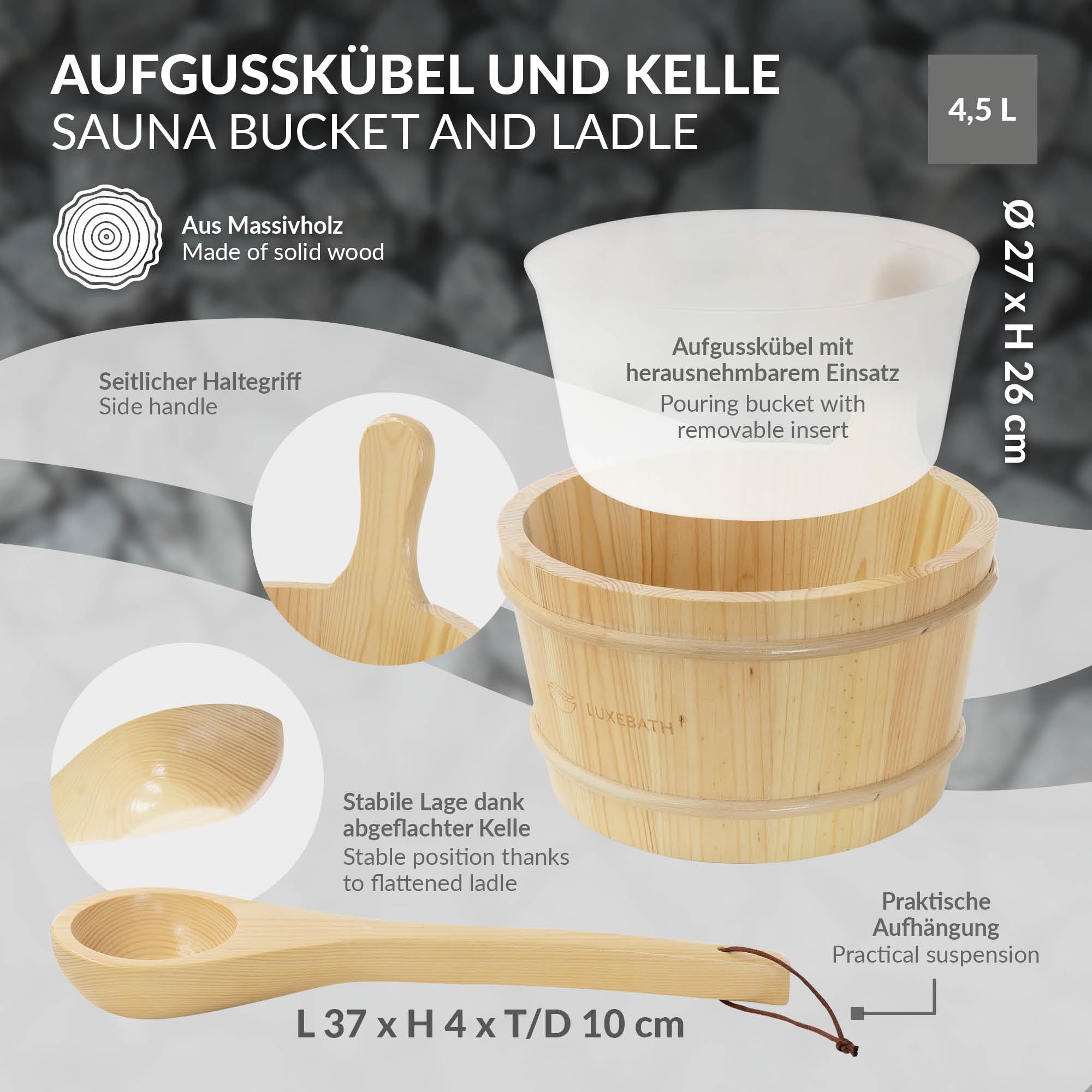 LuxeBath Kit Accessori Sauna in Legno di Pino Massiccio, Collezione Benessere 4 Pezzi, Secchiello per Infusione con Mestolo, Misuratore Termo Igrometrico e Clessidra 15 Minuti, Recipiente 4,5 L