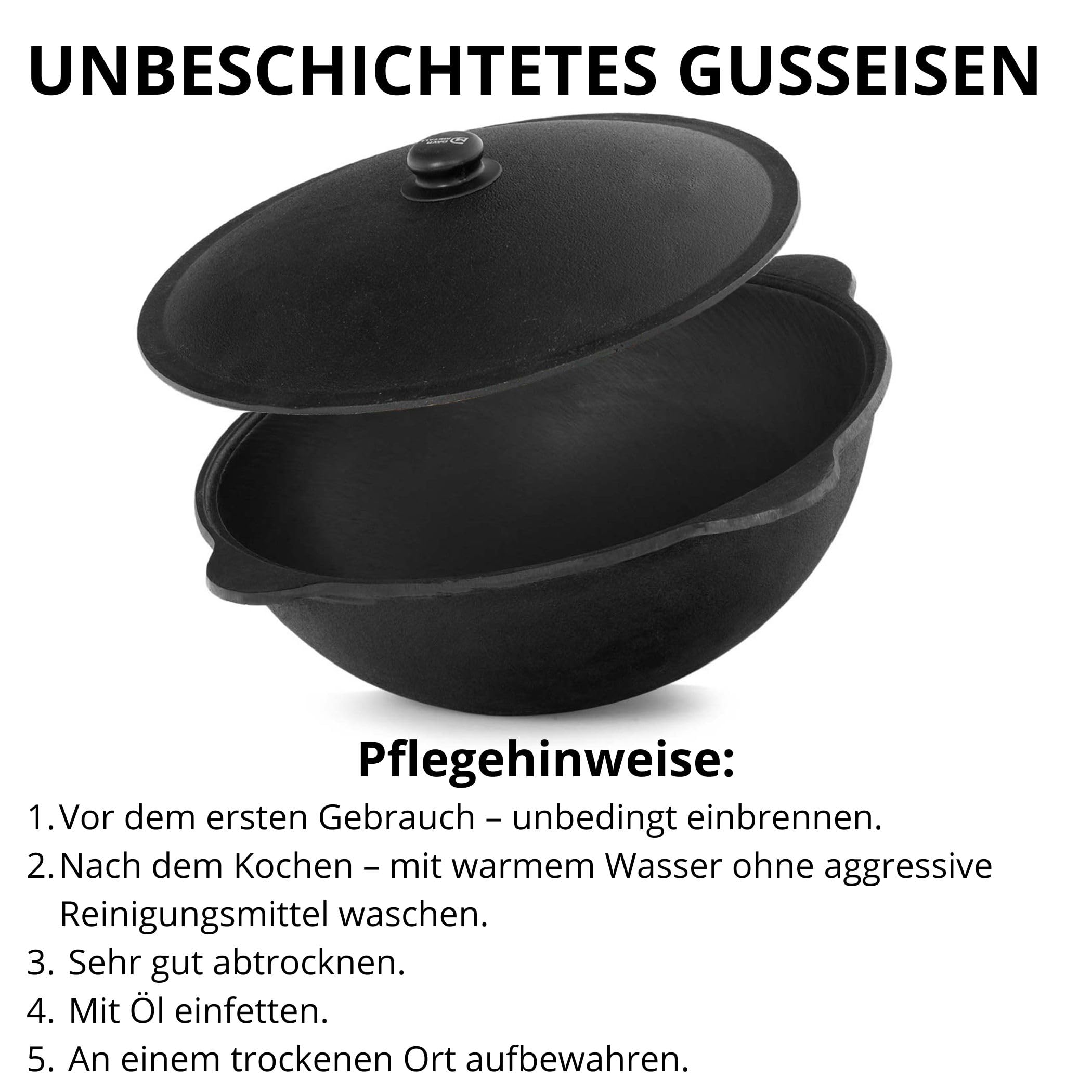 Original Usbekischer Kasan 16 L aus Gusseisen mit Aluminium-Deckel – Namangan Schwenktopf Dutch Oven Feuertopf für Camping Outdoor inkl. Schöpfkelle Schaumlöffel