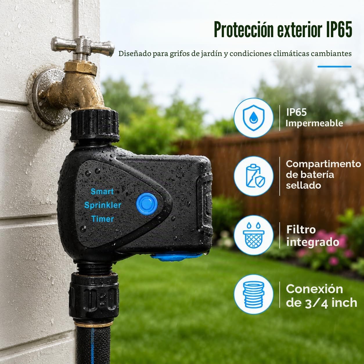 Temporizador de Riego WiFi con Medidor de Agua Integrado, Programador de Riego Inteligente sin Hub, Control por App 2,4 GHz, Riego por Volumen, Programación, IP65 para Jardín Césped Invernadero